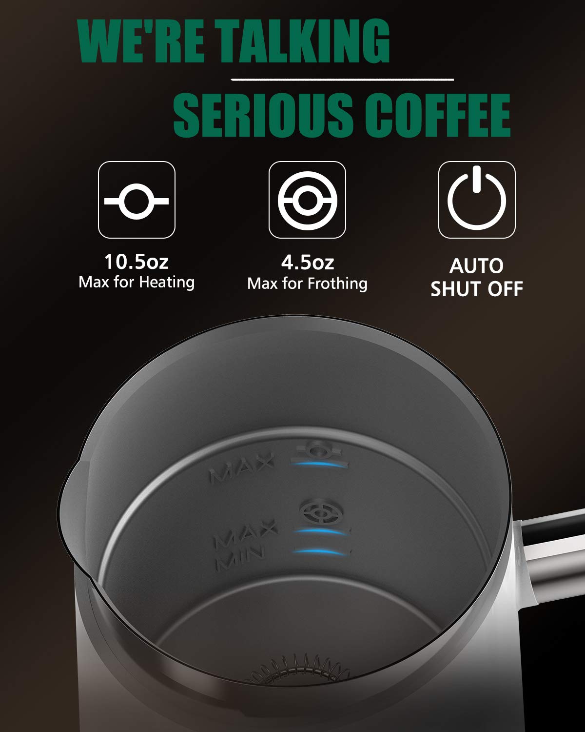 Huogary Electric Milk Frother and Warmer - 4.5oz/10.5oz Capacity for Perfect Milk Foam & Hot Milk - 120V White Handheld Frother for Lattes, Cappuccinos, Hot Chocolate - Ideal for Coffee Shops, Home Baristas & Office Use