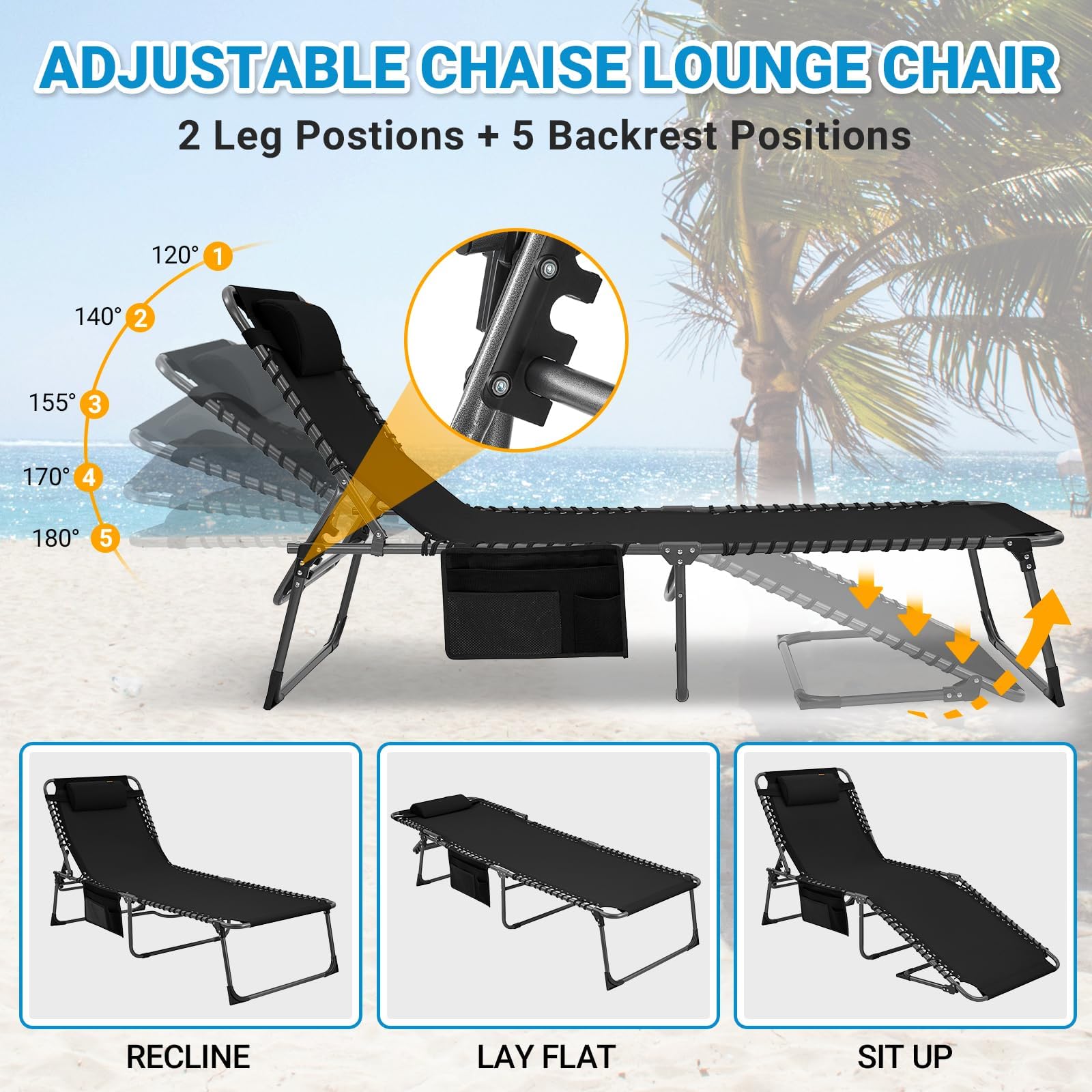 KingCamp Adjustable Textilene Folding Chaise Lounge Chair with Mattress & Pillow - Portable Outdoor Patio Furniture for Camping, Beach, Poolside, Lawn & Indoor Relaxation | Perfect for Sunbathing, Lounging & Backyard Comfort