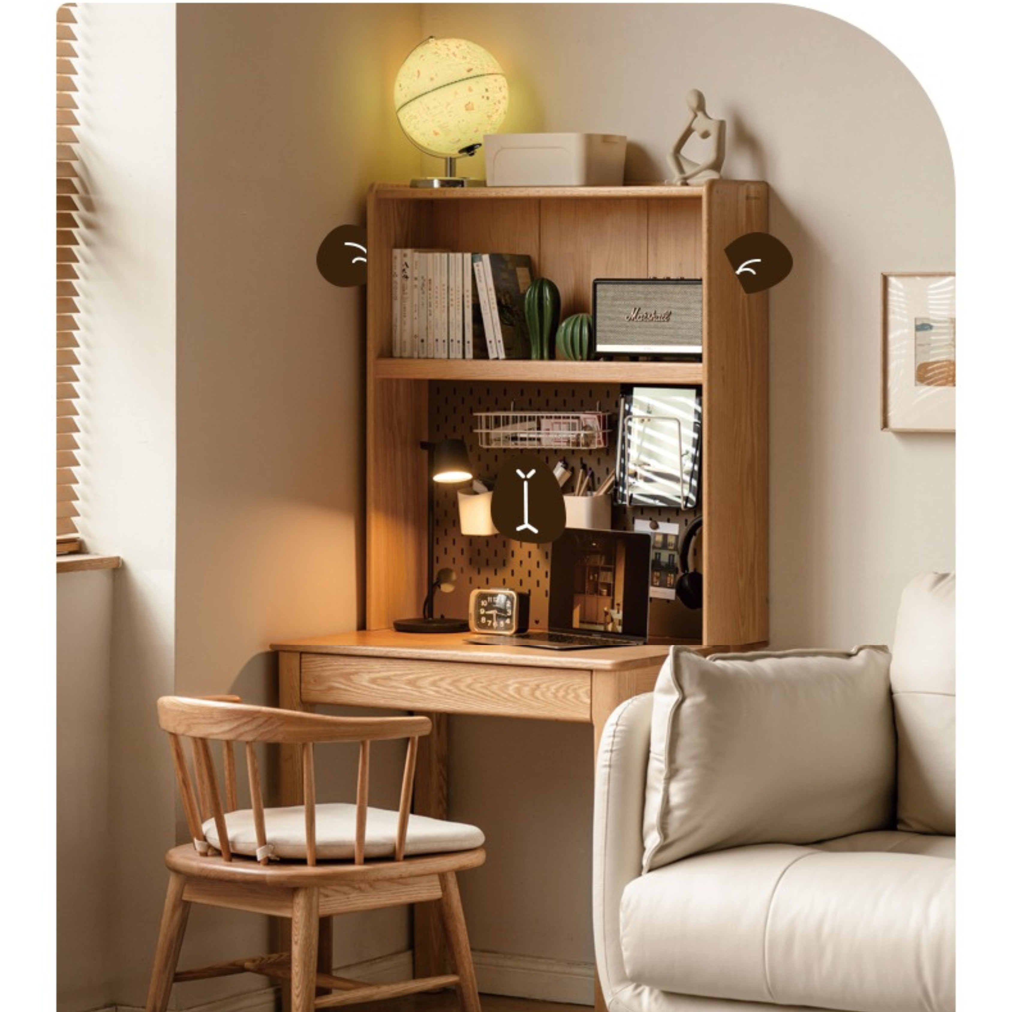 Modern Oak Solid Wood Desk with Bookshelf - Stylish Home Office Furniture for Workspace & Study Room Organization