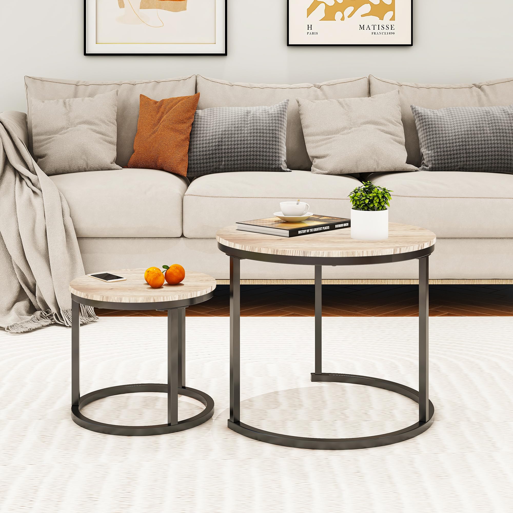 Modern Round Nesting Coffee Table Set of 2 - Solid Wood Top with Powder-Coated Metal Frame in Black/White Oak - Perfect for Living Room, Lounge, or Bedroom Side Tables
