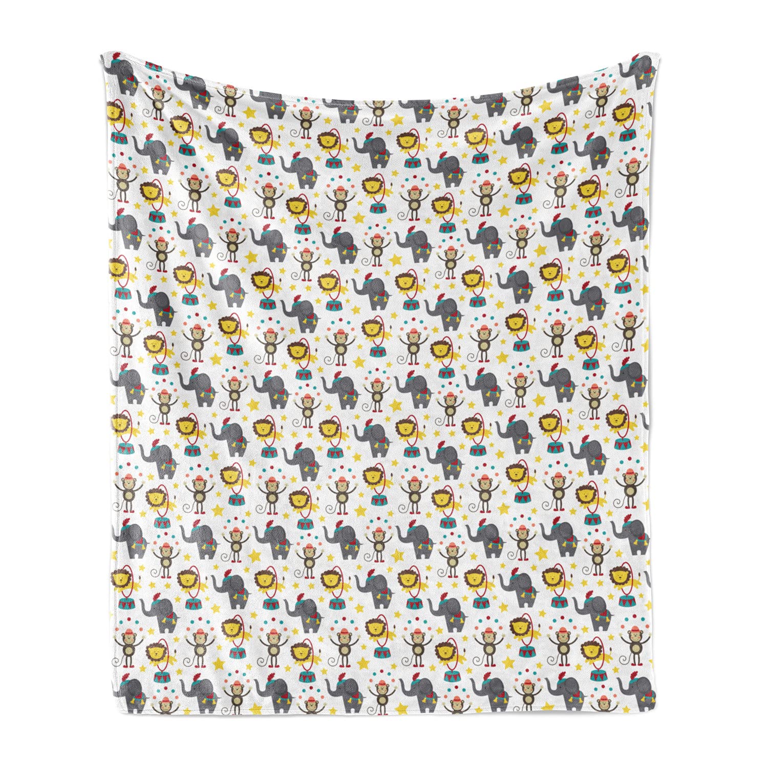 Ambesonne Cartoon Throw Blanket - Happy Circus Animals Performing with Stars Backdrop | Soft Flannel Fleece Blanket for Couch, Bed & Sofa | 60