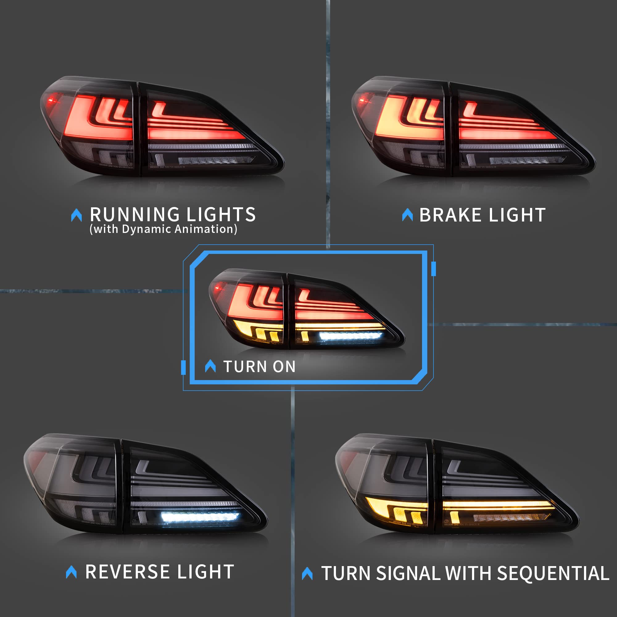 VLAND LED Tail Lights Compatible with Lexus RX 2010-2015 - Switchback Turn Signals, Dynamic Animation & Breathing Effects - Smoke Lens (Pair) - Upgrade Your Car's Style & Safety for Night Driving