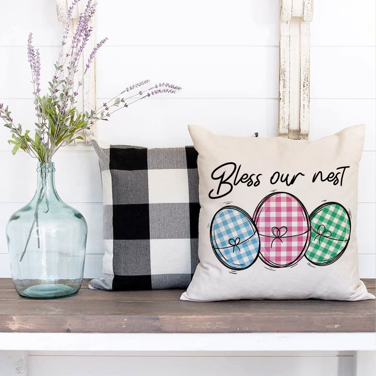 AnyDesign Easter Pillow Covers 18x18 Inch - Set of 4 Plaid Gnome Egg Truck Throw Pillow Cases - Farmhouse Decor for Sofa, Home Office, Easter Party & Spring Home Decoration