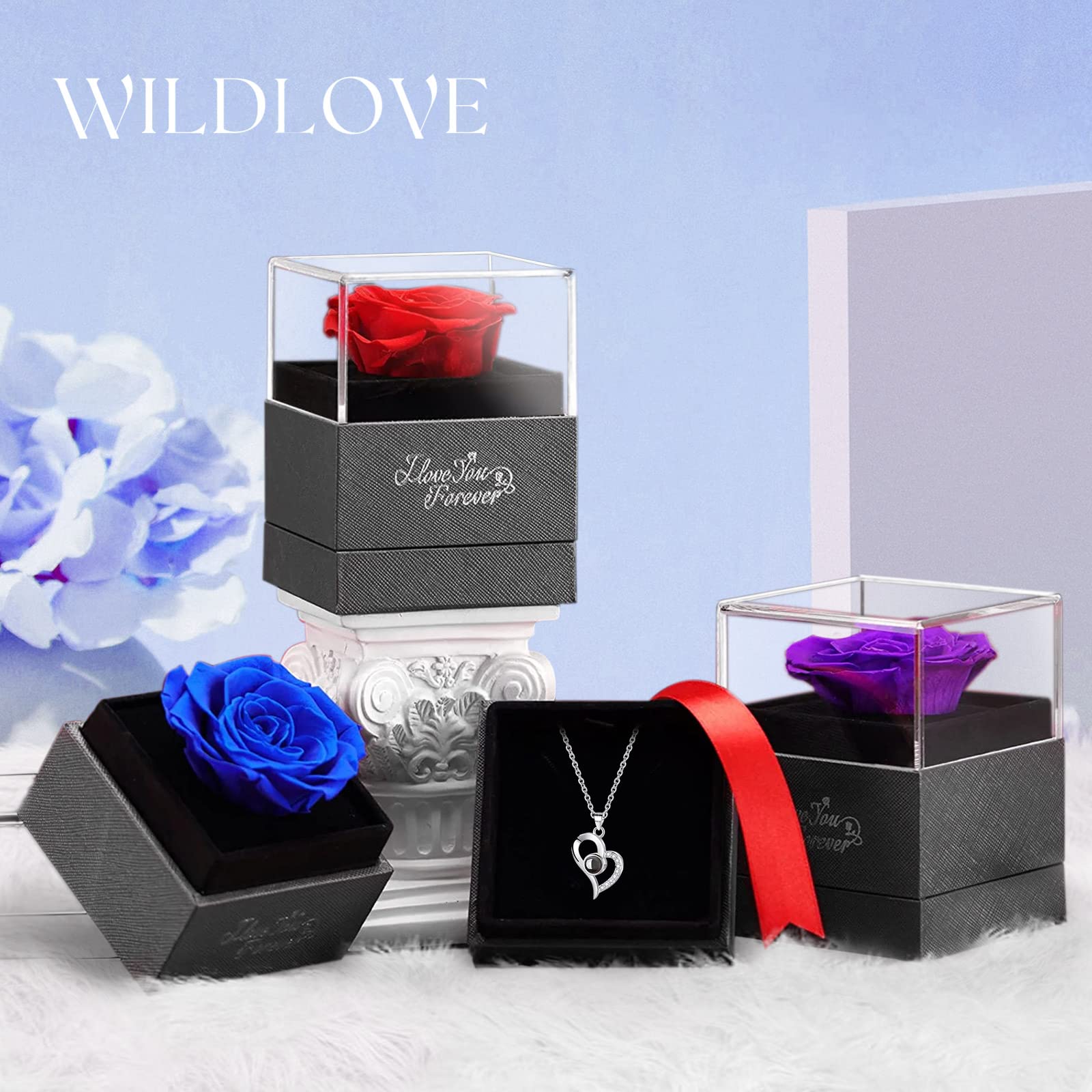 WILDLOVE Preserved Real Rose with 'I Love You' Necklace - Valentine's Day Gifts for Her, Mom, Wife, Girlfriend | Anniversary & Birthday Present for Women | Romantic Keepsake for Special Occasions