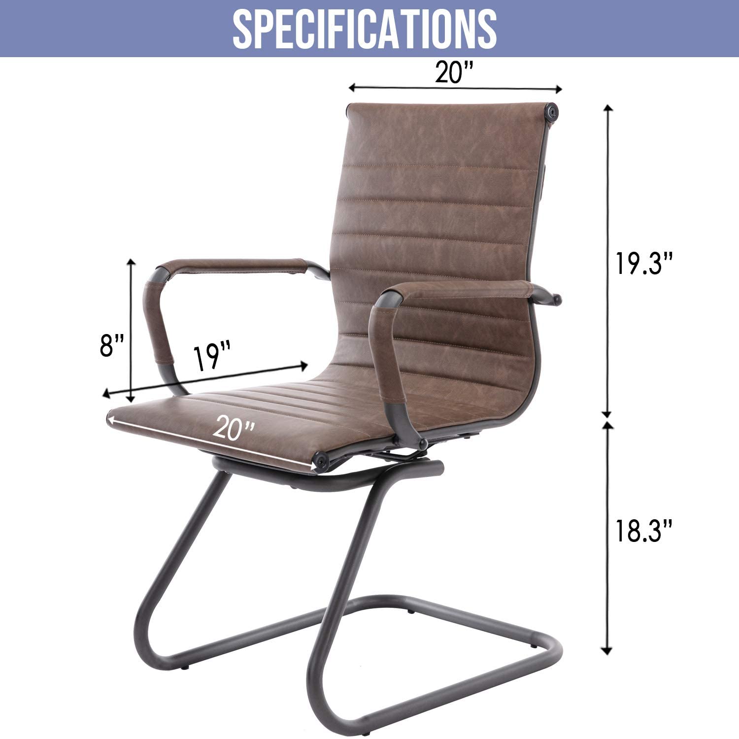 Modern Retro Brown Office Chairs Set of 4 - Heavy Duty 400 lbs Capacity Sled Base Conference Room Chairs - No Wheels Waiting Room Seating for Office, Home, and Business Use