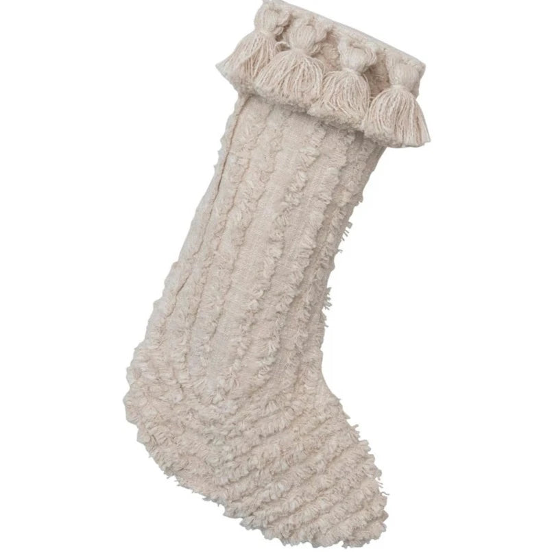 Bohemian Cotton Slub Stocking with Tufting & Tassels - Trendy Handmade Knit Socks for Women, Perfect for Christmas Gifts, Home Decor and Boho Fashion Outfits
