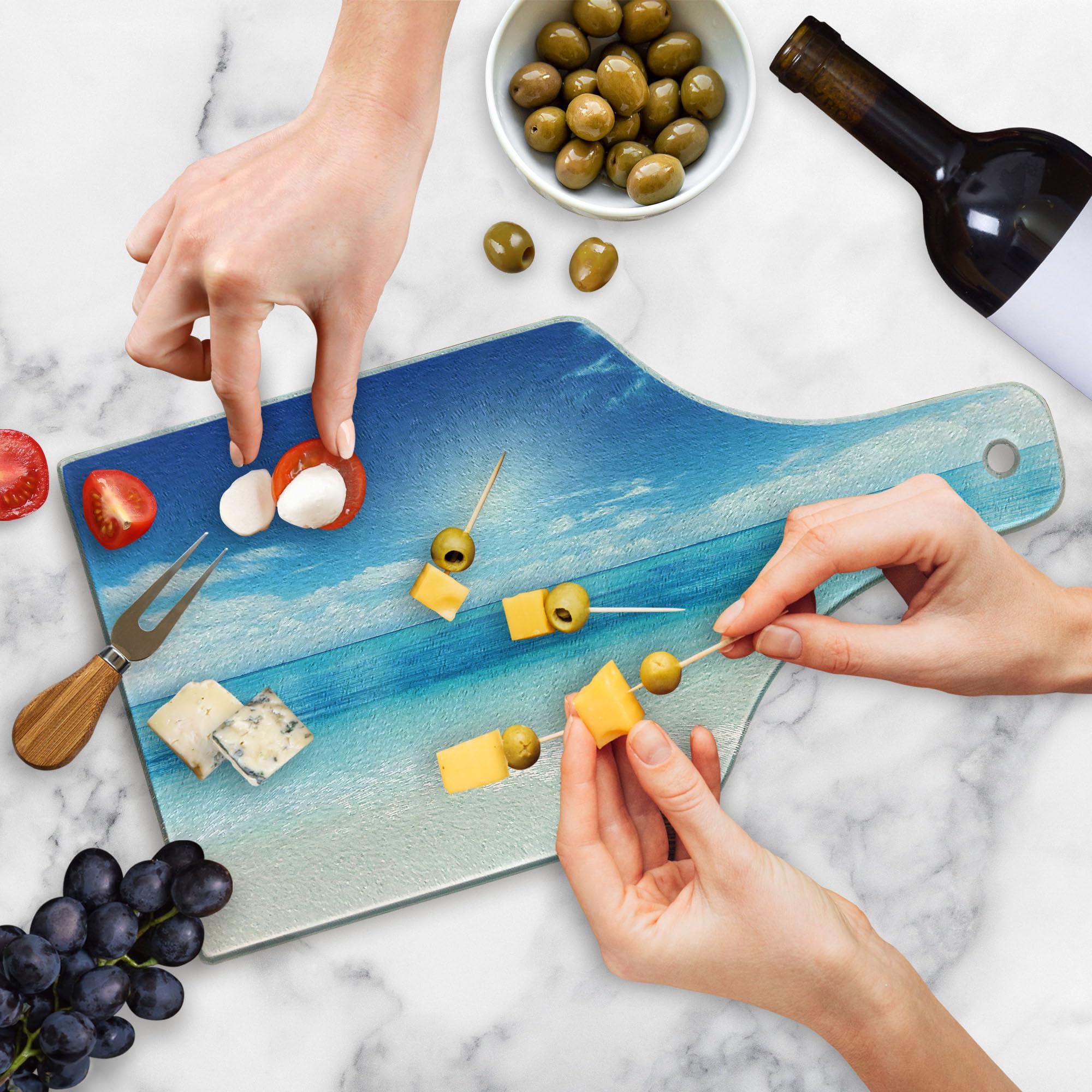 Ambesonne Ocean Themed Tempered Glass Cutting Board - Caribbean Beach View, Wine Bottle Shape, Cream Turquoise White - Perfect for Serving Cheese, Charcuterie & Entertaining Guests