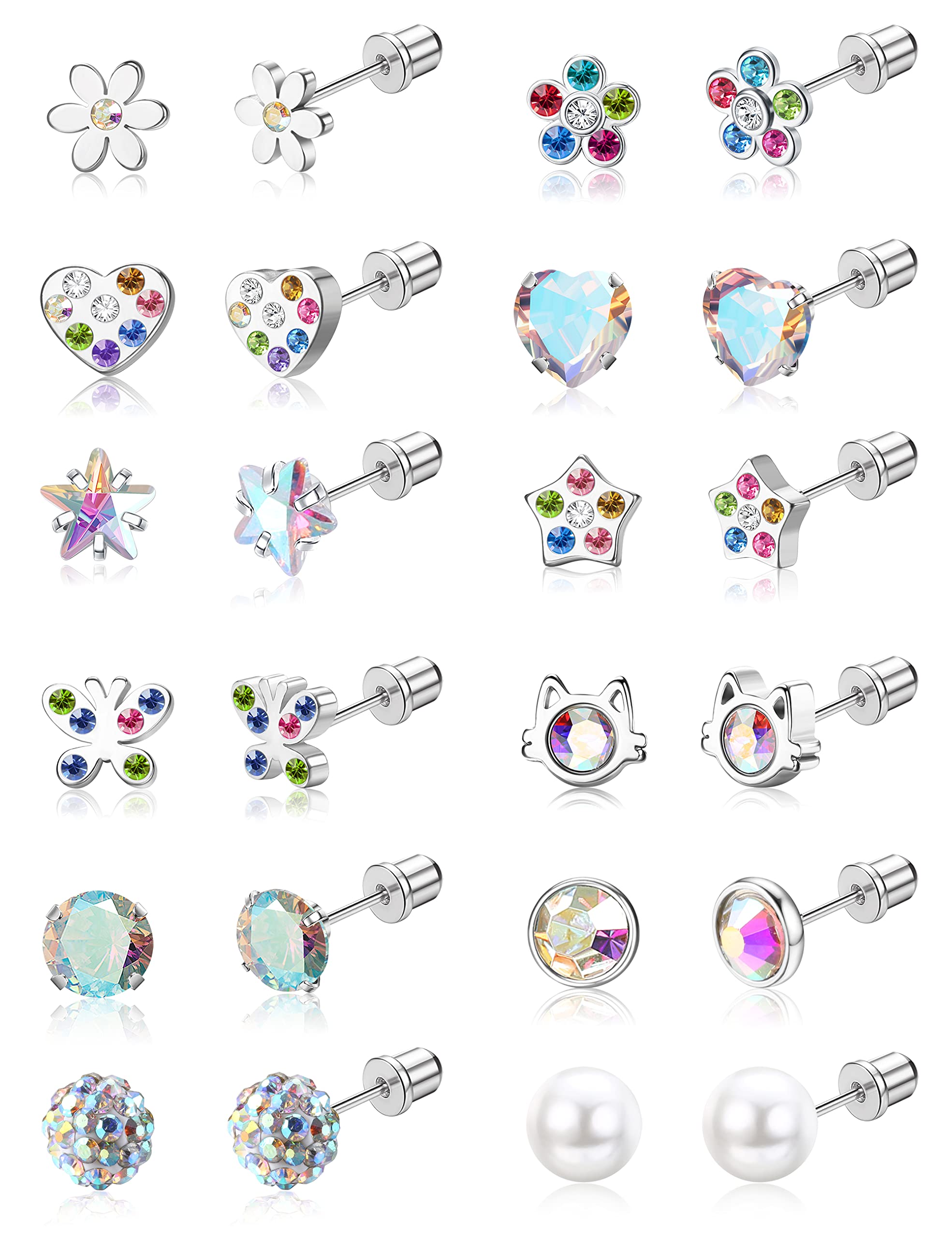 BESTEEL 12 Pairs Screw Back Earrings for Women - Stainless Steel Heart, Pearl, CZ & Butterfly Stud Earrings Set | Hypoallergenic & Comfortable | Perfect for Parties, Weddings & Everyday Wear