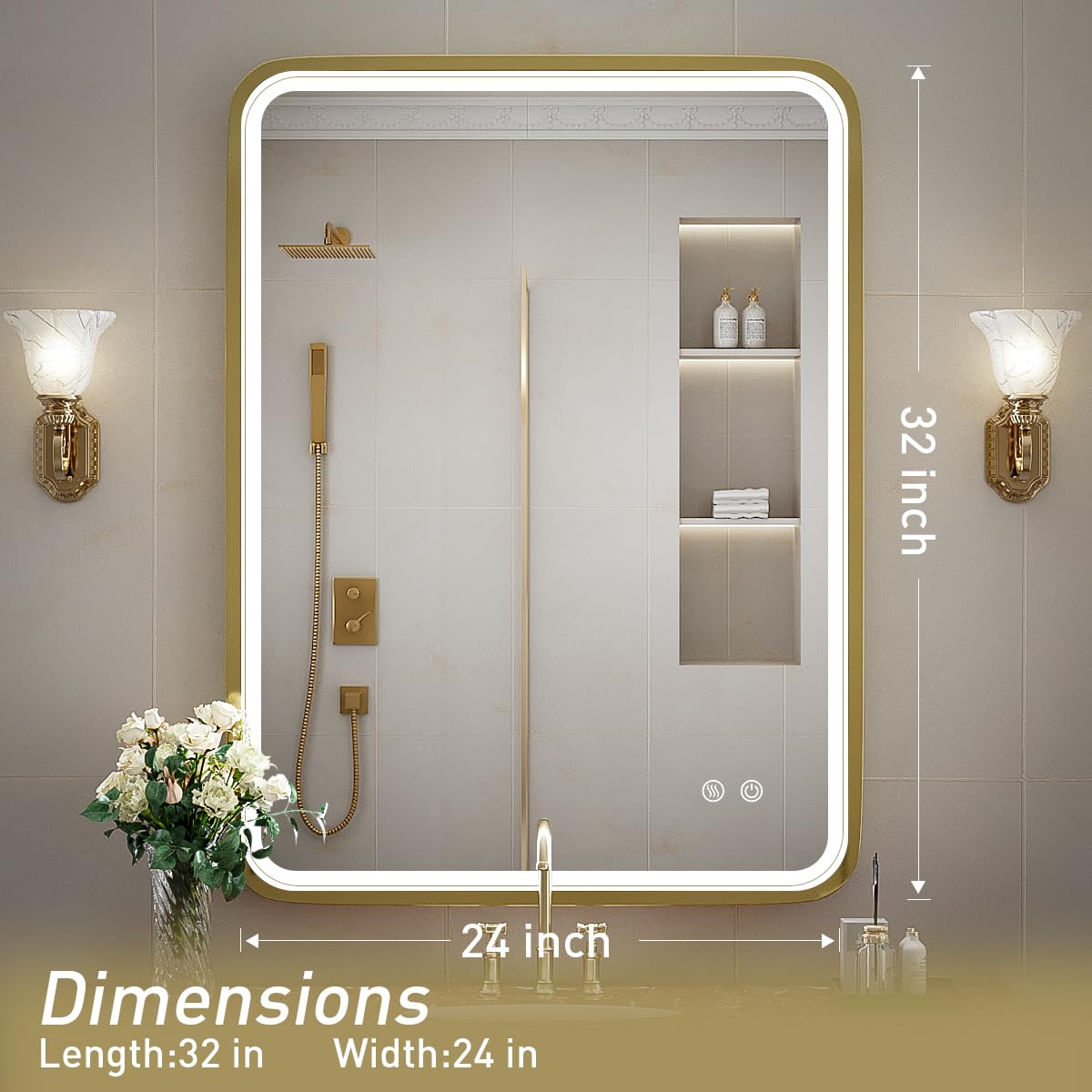 24x32 Inch LED Bathroom Mirror with Lights - Gold Framed Wall Mounted Vanity Mirror, Anti-Fog, Dimmable & Touch Control for Makeup (Horizontal/Vertical) - Perfect for Modern Bathrooms, Dressing Rooms & Vanity Areas