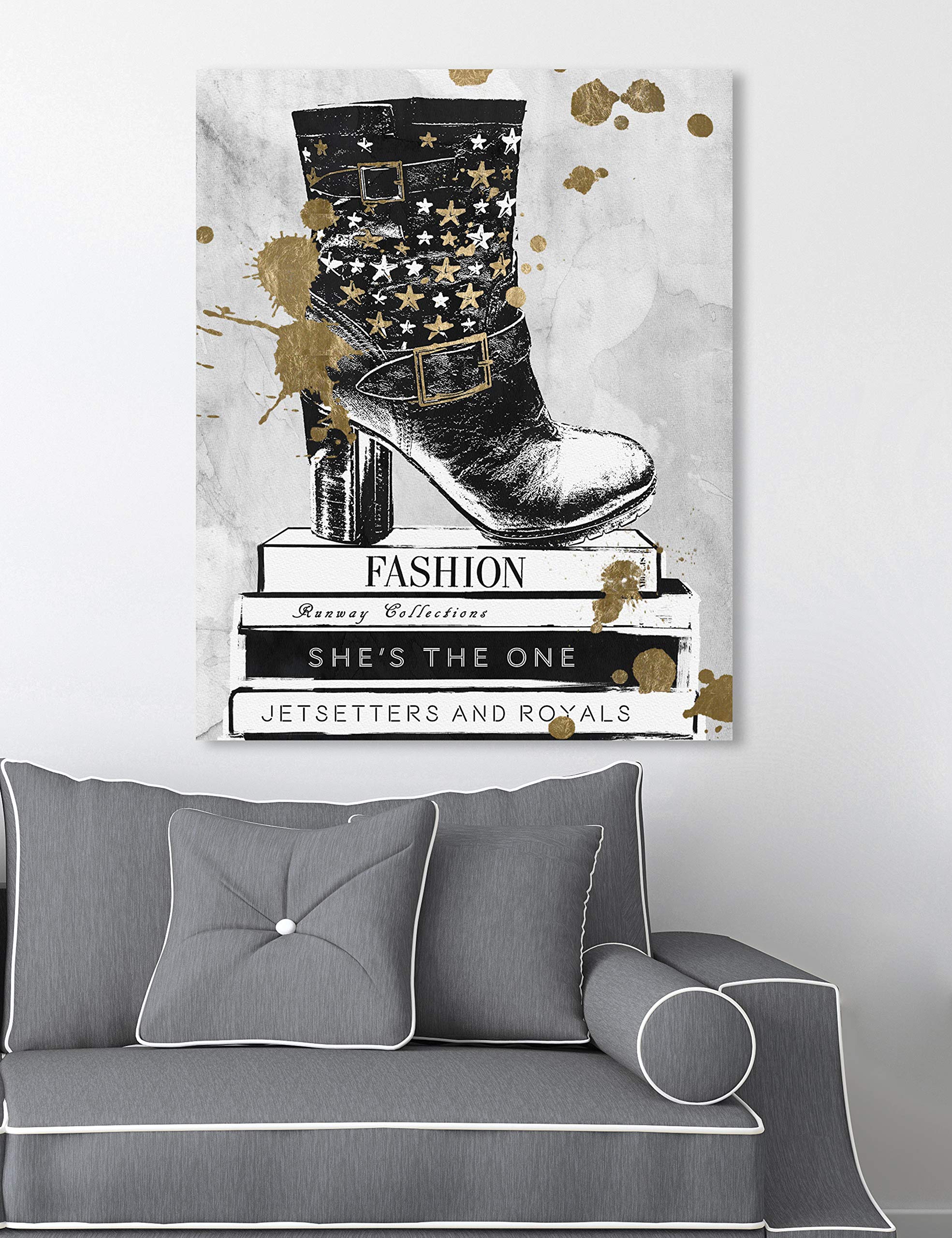 Oliver Gal Artist Co. 'Boots on Book' Fashion Glam Wall Art Canvas Print - 20x24 Inches Black & Gold Home Decor - Perfect for Living Room, Bedroom or Office Decoration