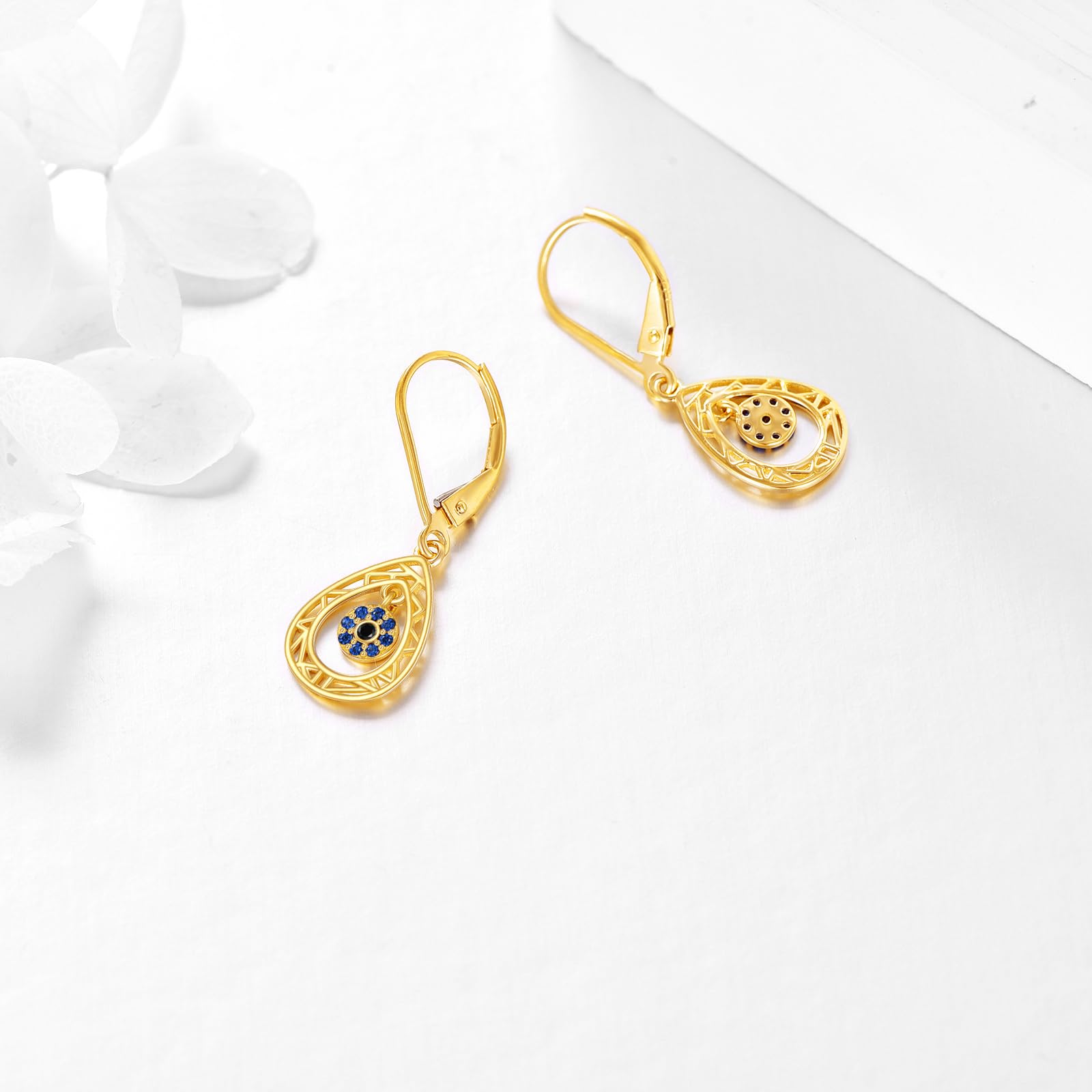14K Real Gold Evil Eye Leverback Earrings for Women - Teardrop Dangle Drop Earrings, Protection Jewelry Gift for Her - Perfect for Everyday Wear, Parties & Special Occasions
