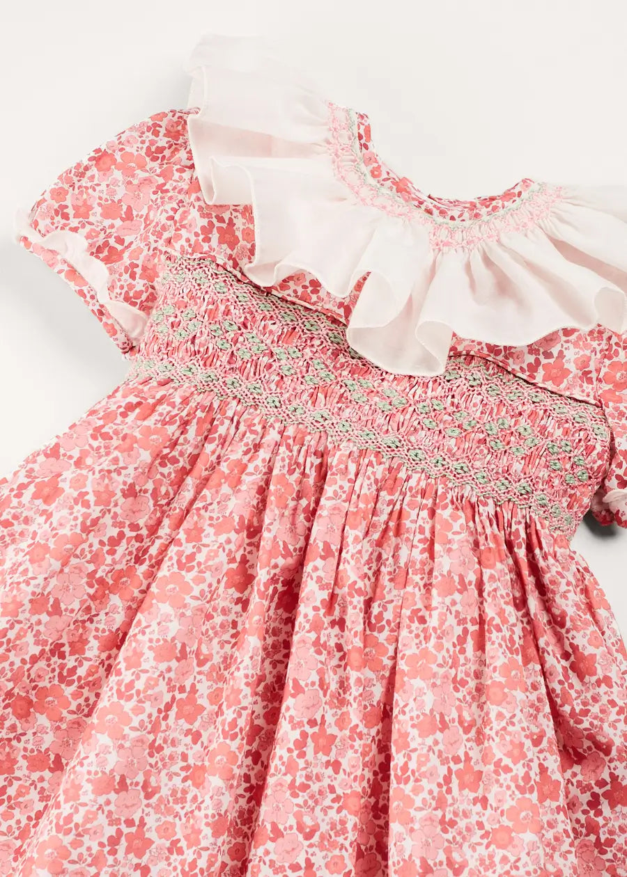 Emilia Floral Hand Smocked Ruffle Collar Short Sleeve Baby Girl Dress - Pink (Size 12 Months to 10 Years) | Perfect for Birthday Parties, Photo Shoots & Special Occasions