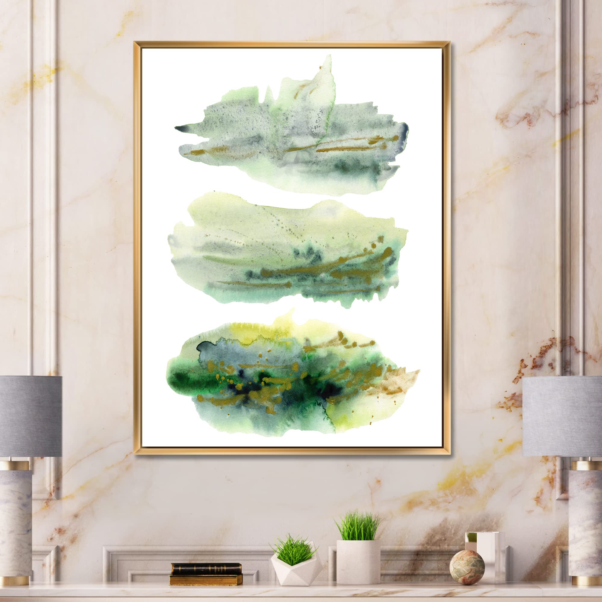 DesignQ Golden Green Abstract Clouds With Blue Points II - Modern Framed Canvas Wall Art Print for Living Room, Bedroom & Office Decor