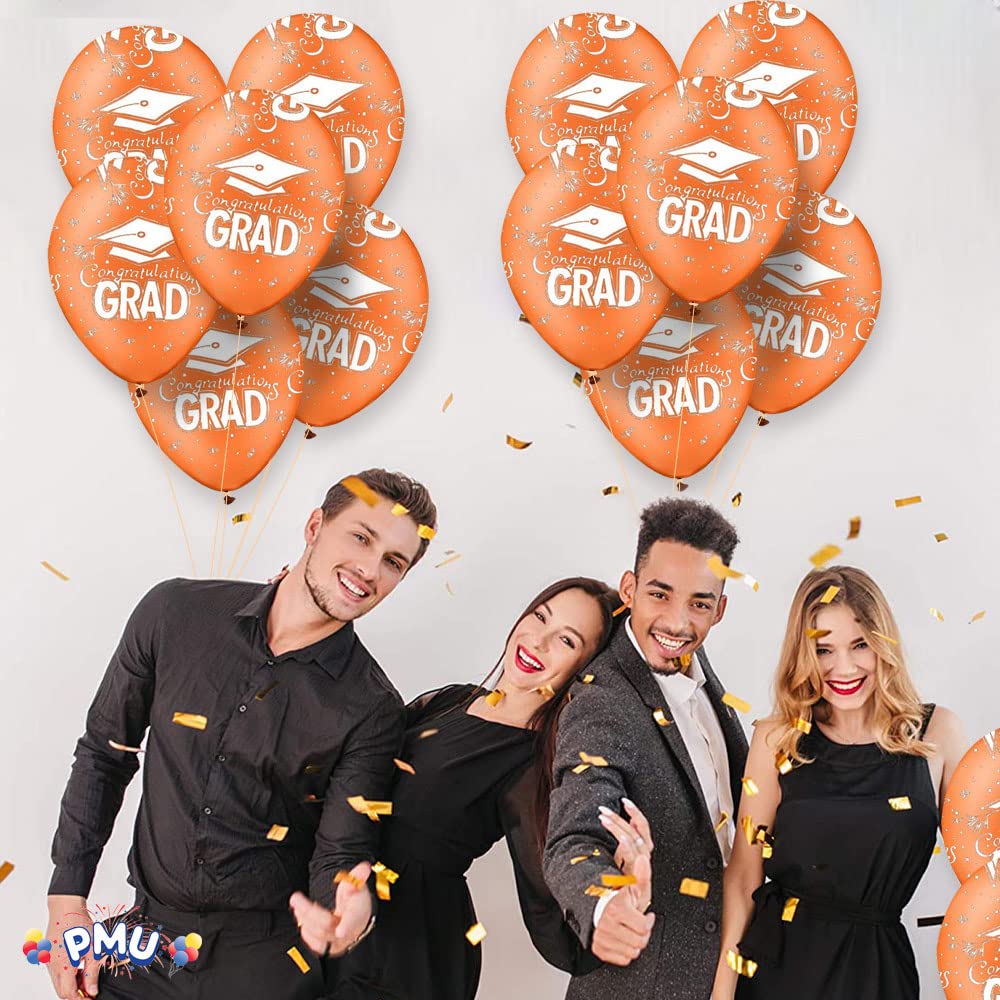 100 Pcs Orange Graduation Balloons Class of 2025 with Printed White Grad Caps, Confetti & Streamers - Latex Party Decorations for Graduation Ceremony, School Events & Celebration Decor