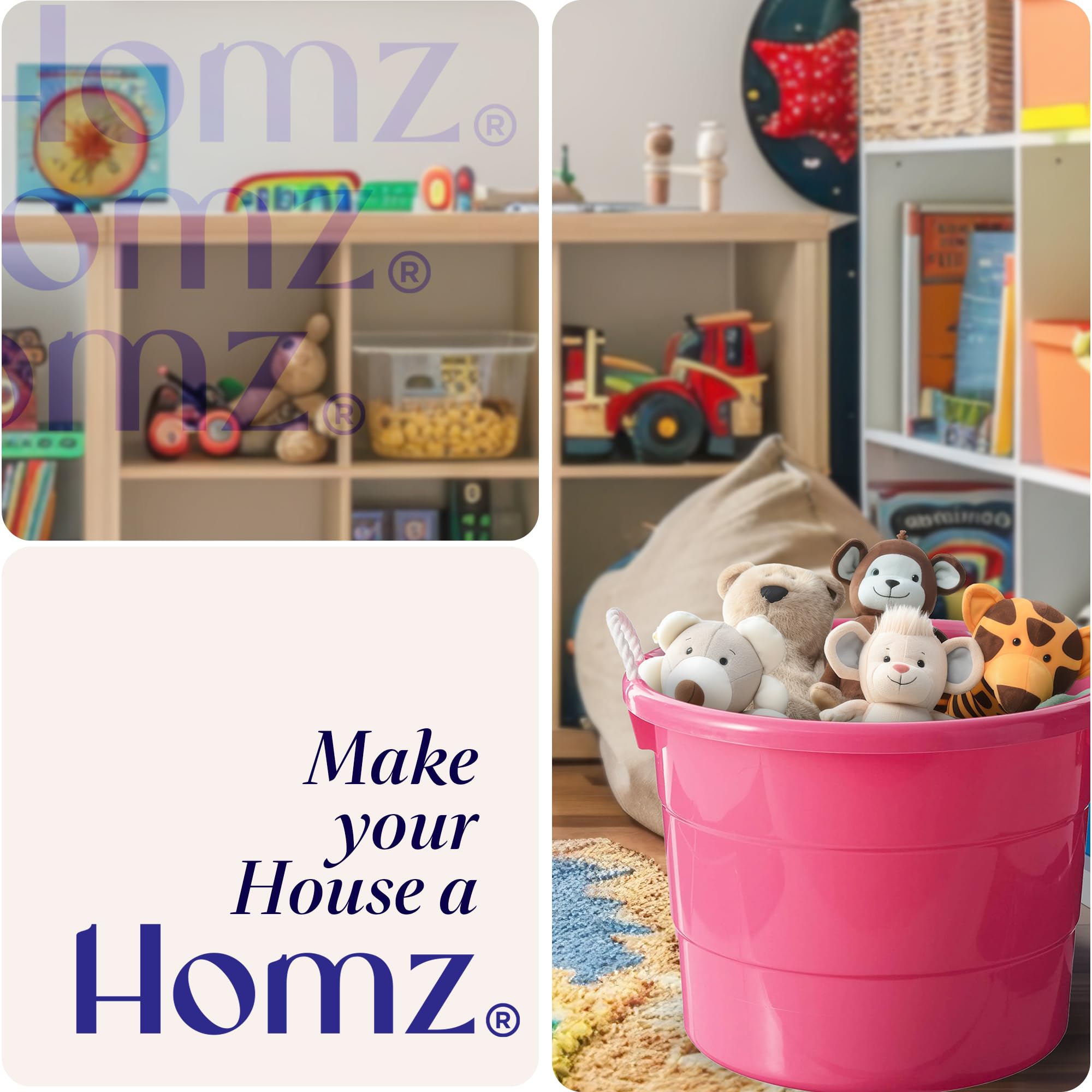 HOMZ 6-Pack 18 Gallon Large Plastic Storage Buckets with Rope Handles - Utility Tubs for Organizing, Cleaning & DIY Projects - Pink (Ideal for Home, Garage, Garden & Workshop Use)