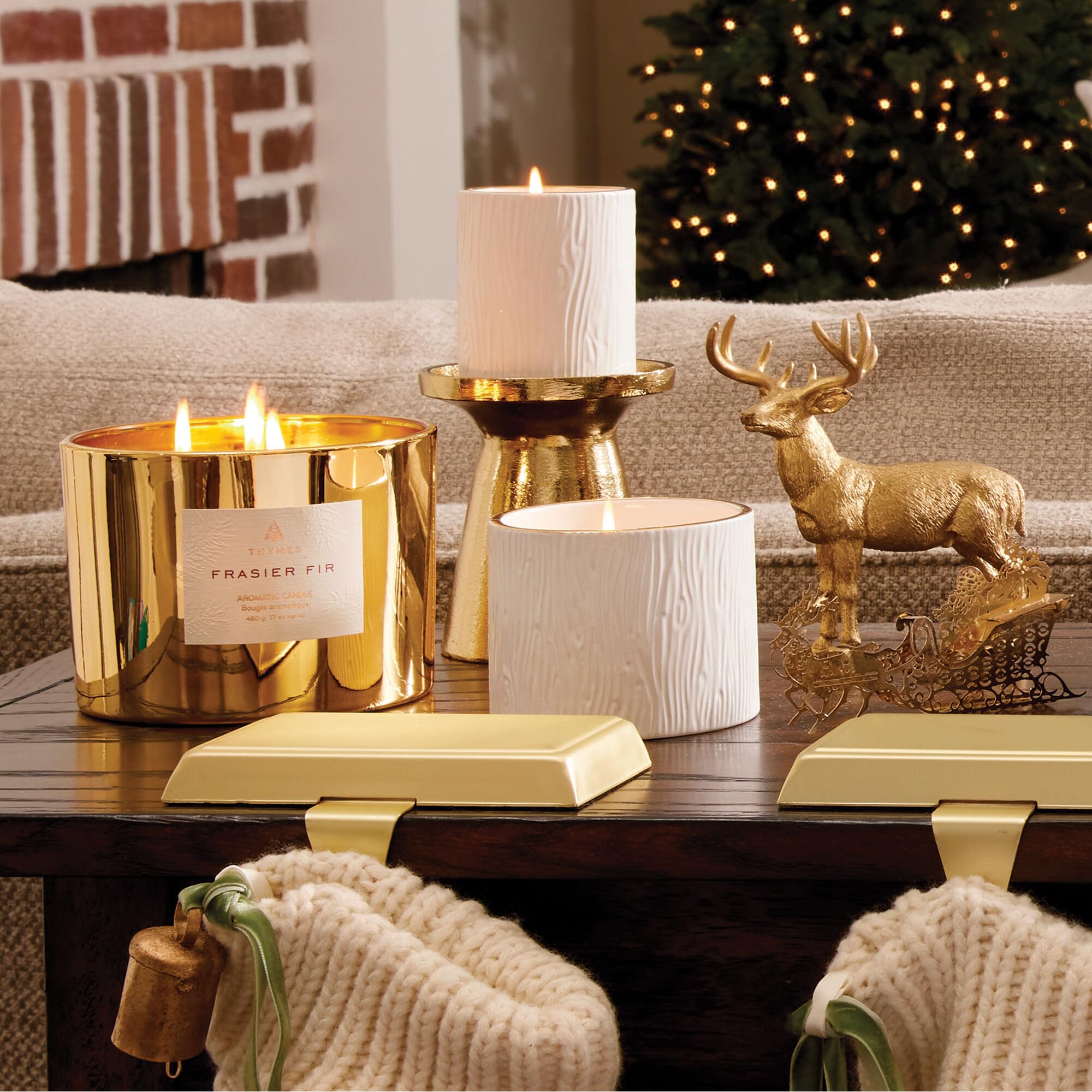 Thymes Frasier Fir Gilded Gold 3-Wick Scented Candle - 17 oz Luxury Holiday Home Fragrance with Crisp Forest Aroma - Elegant Gold Jar Candle for Christmas Decor, Cozy Winter Evenings & Gift Giving