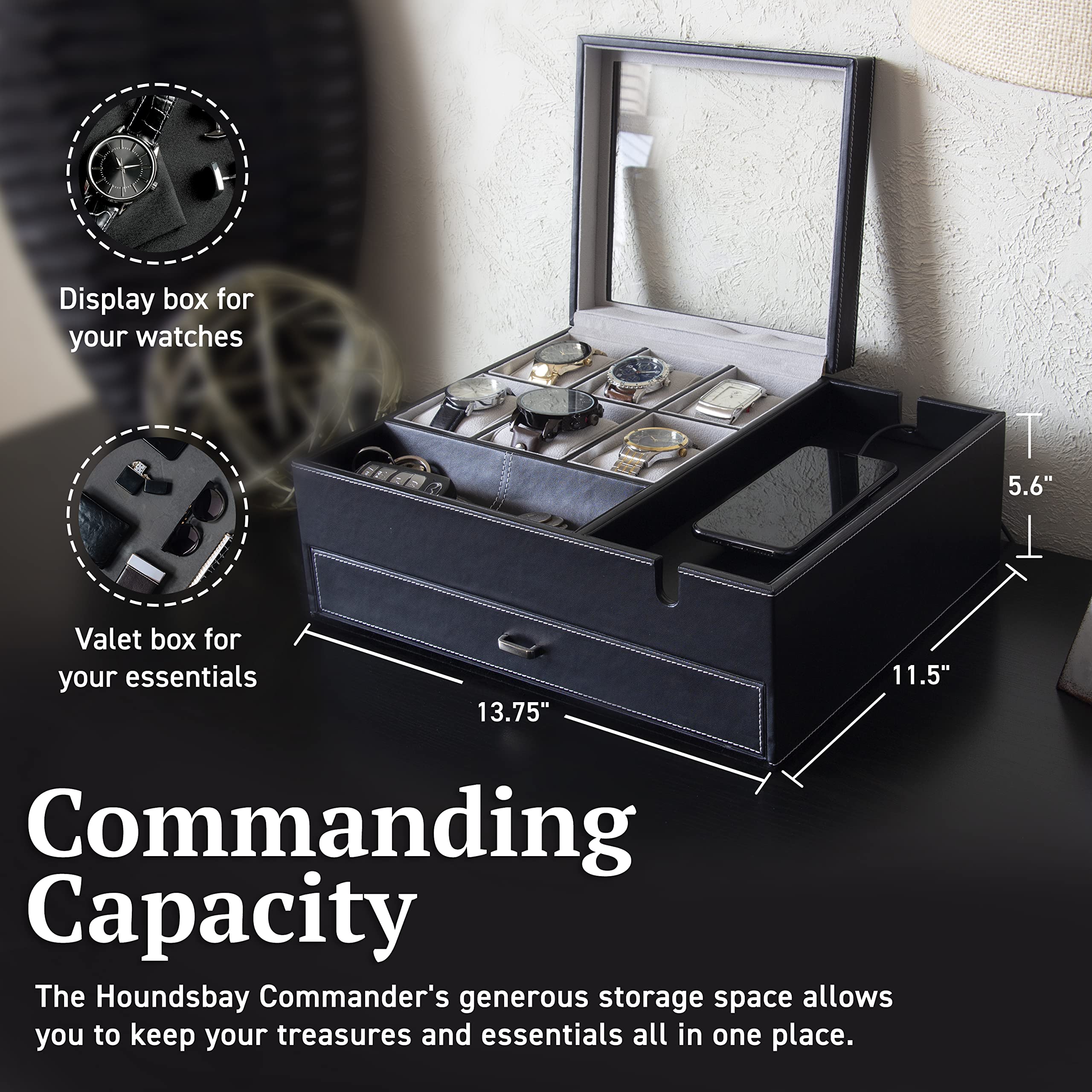 HOUNDSBAY Men's Watch Box & Jewelry Organizer - Display Case & Valet Tray for Nightstand