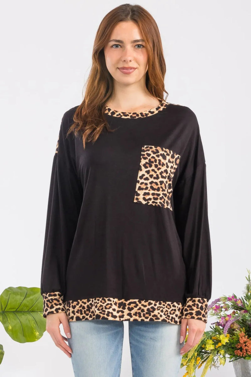 Celeste Women's Full Size Leopard Print Round Neck Dropped Shoulder T-Shirt - Casual Loose Fit Tee for Everyday Wear, Street Style & Weekend Outings