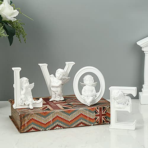 4-Piece Angel Figurine Set - White Cherub Statues with Heart Letters, Romantic Home Decor for Wedding, Valentine's Day & Nursery Room Decorations