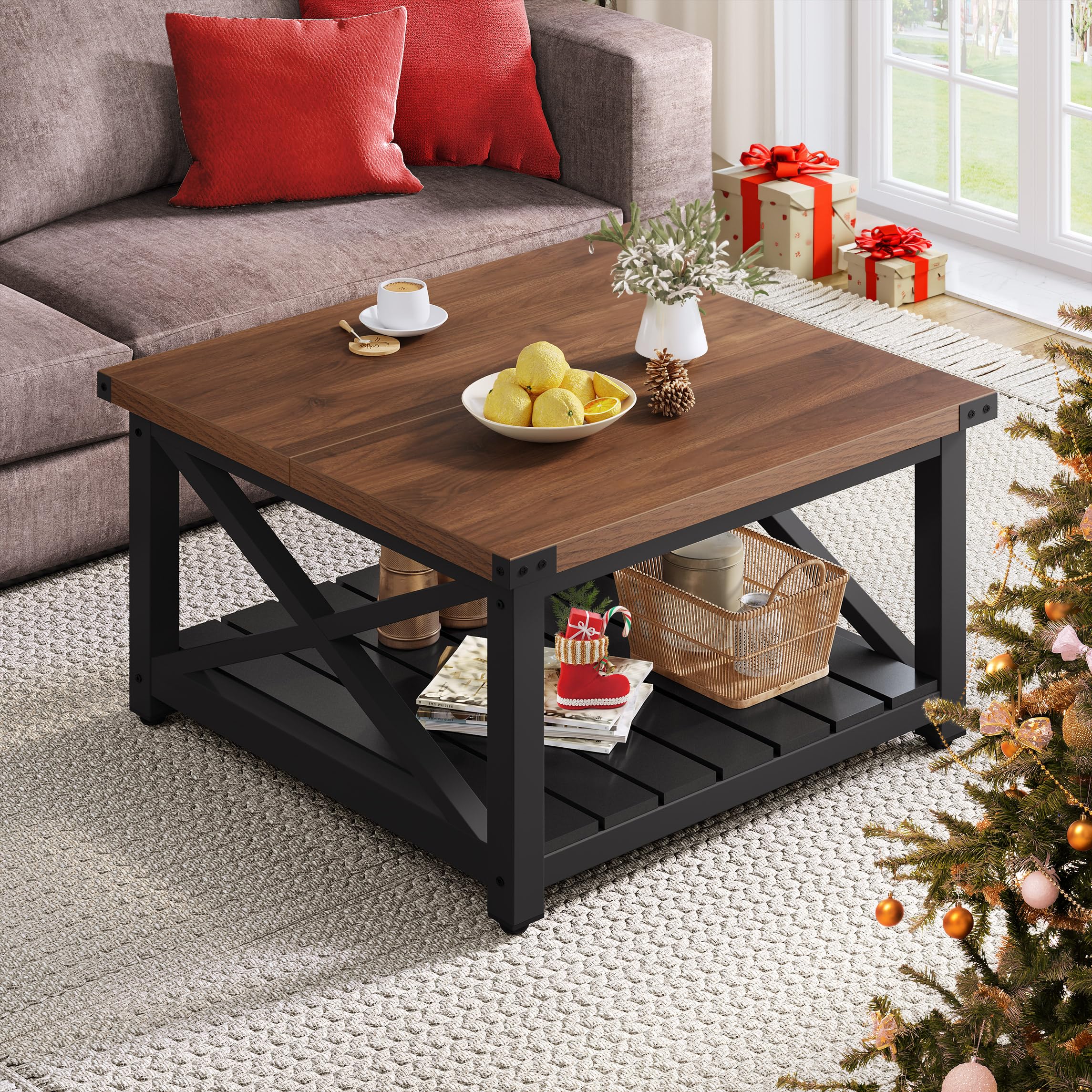 YITAHOME Farmhouse Square Coffee Table with Storage Shelf - Vintage Brown and Black Living Room Table for Home Decor | Perfect for Small Spaces, Apartments & Cozy Living Rooms