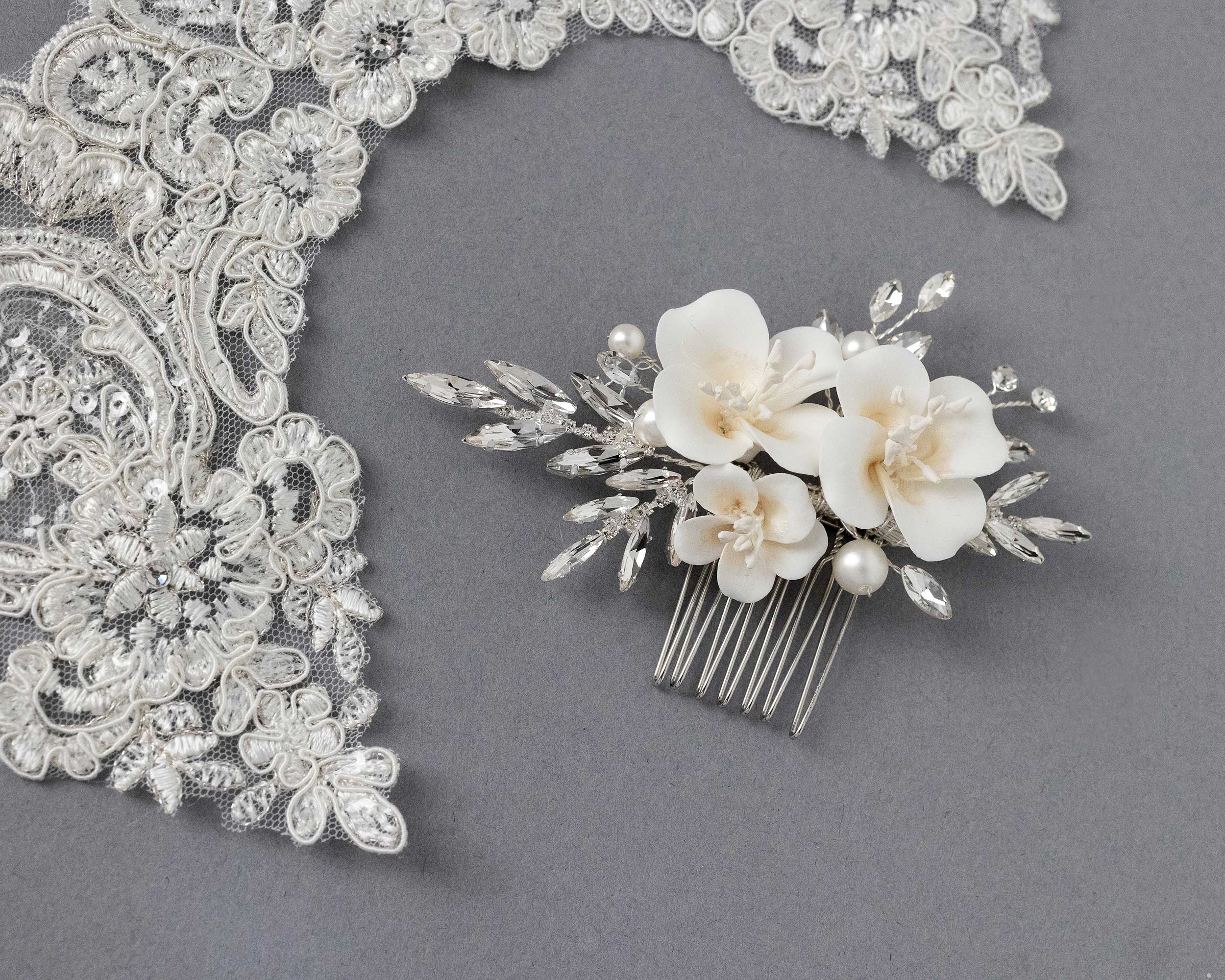 Elegant Matte Porcelain Flower Bridal Comb with Elongated Crystals - Perfect for Weddings, Prom & Special Occasions