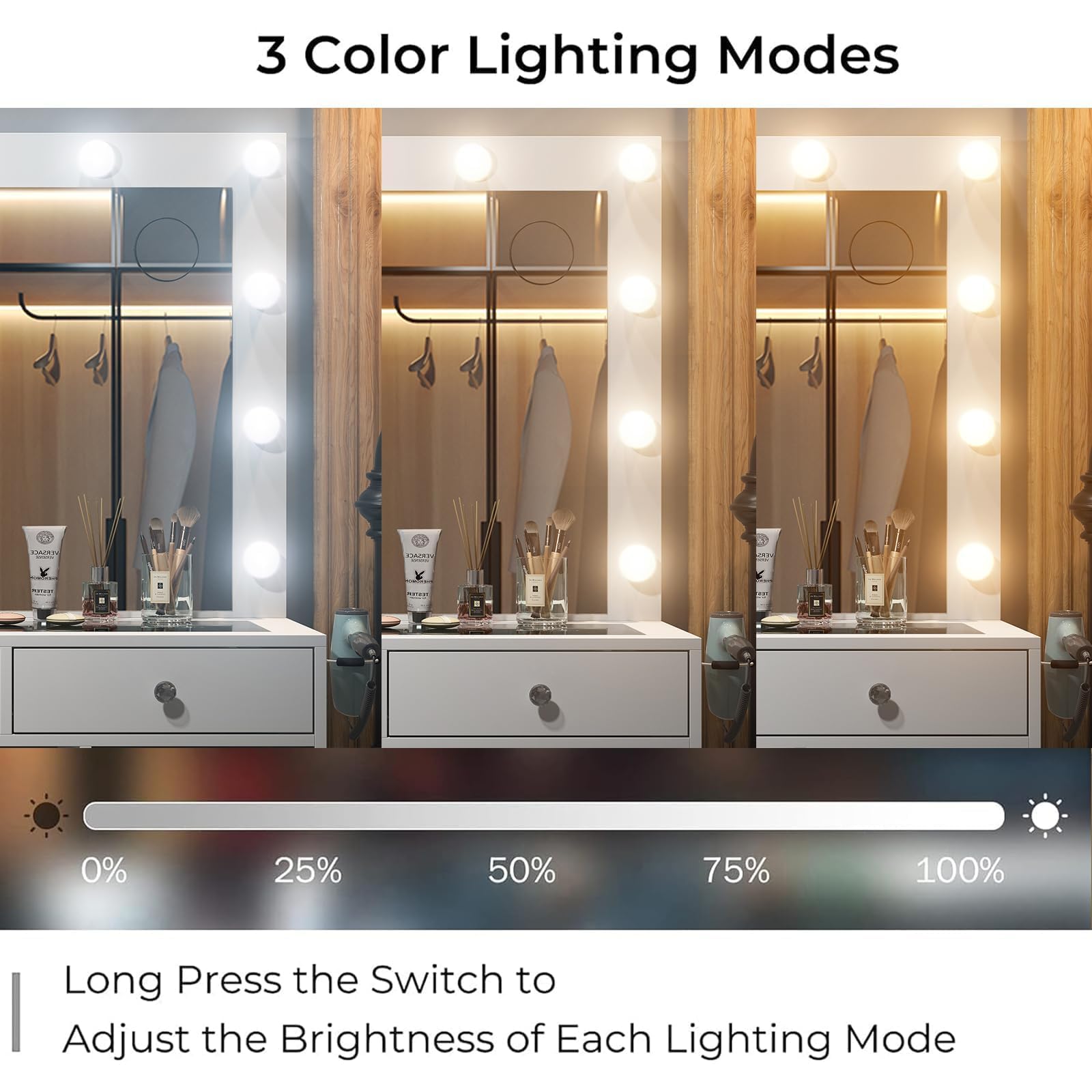 Vanity Desk with Power Outlet & LED Lights - Makeup Vanity Set with Mirror, 9 Drawers & Fold-up Panel - 3 Adjustable Lighting Modes (White) | Perfect for Bedroom, Dressing Room & Beauty Salon