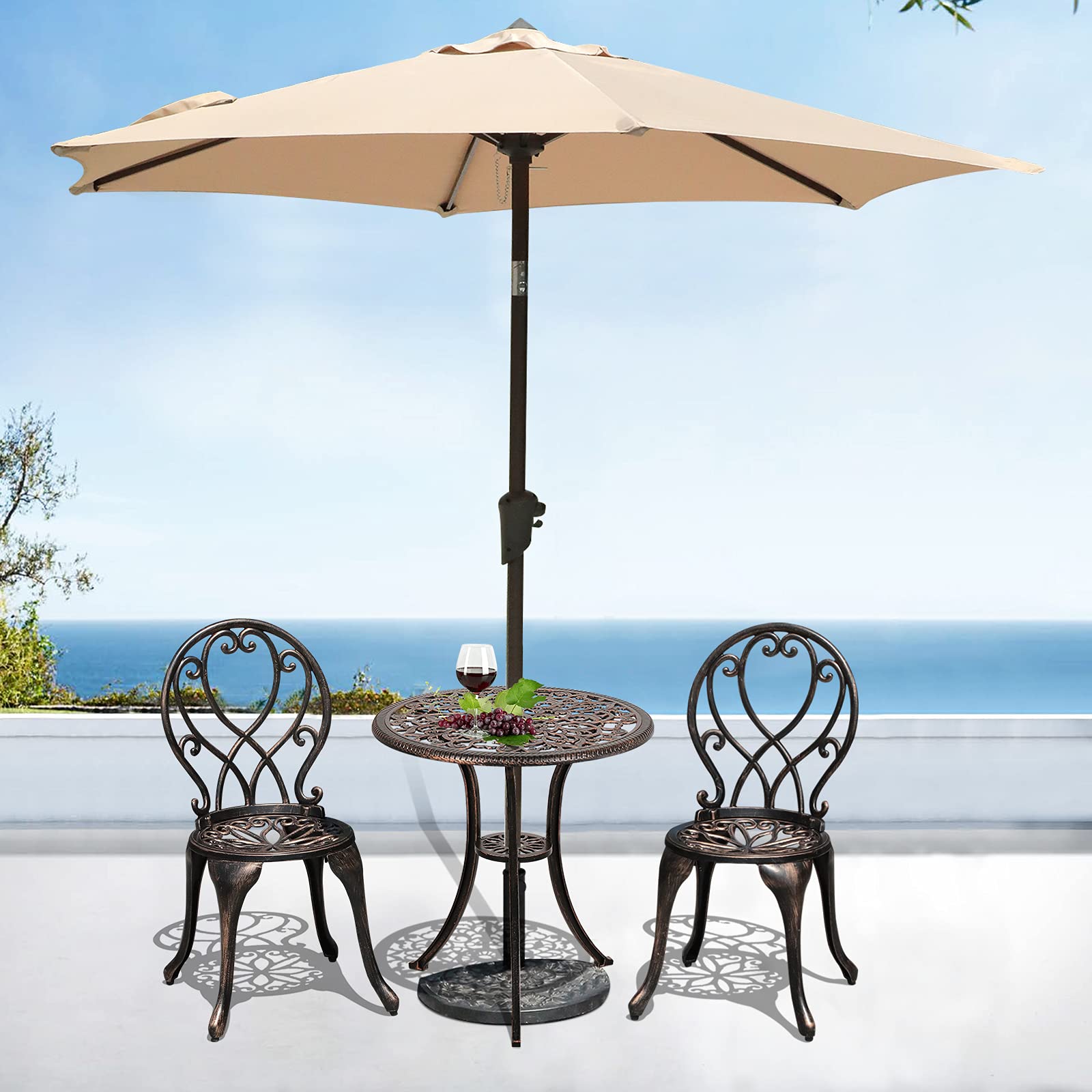 COBANA 3-Piece Outdoor Bistro Set - All-Weather Cast Aluminum Patio Dining Table with 2 Chairs & 2’’ Umbrella Hole, Bronze Retro Style - Perfect for Garden, Balcony, Poolside & Backyard Relaxation