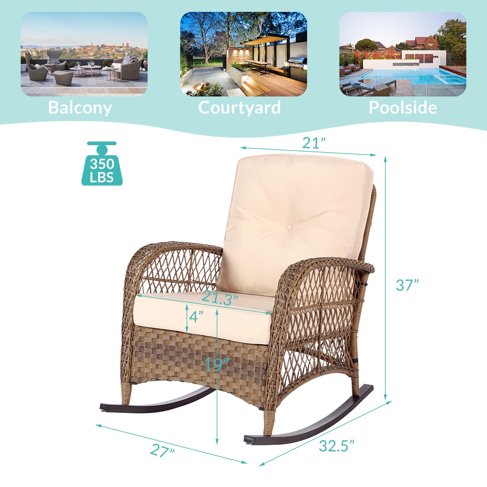 MEETWARM Outdoor Wicker Patio Rocking Chair Set of 2 - Cushioned Rattan Rocker with Steel Frame & Weather-Resistant Beige Cushions - Perfect for Porch, Deck, Poolside & Garden Relaxation