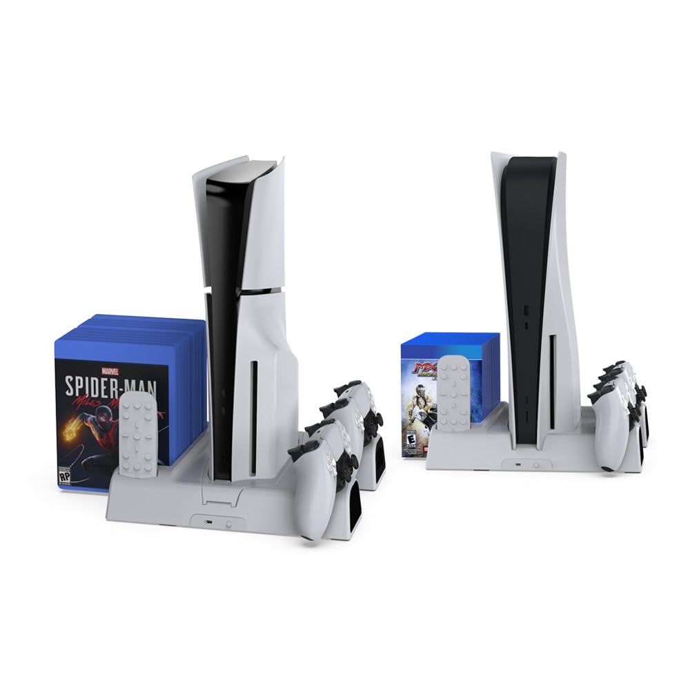PS5 Slim Cooling Stand with Dual Controller Charger - 3-Speed Cooling Fan, 11 Game Disc Slots & Media Remote Storage | Perfect for PS5/PS5 Slim Console Cooling & Organized Gaming Setup | Ideal for Long Gaming Sessions & Entertainment Centers
