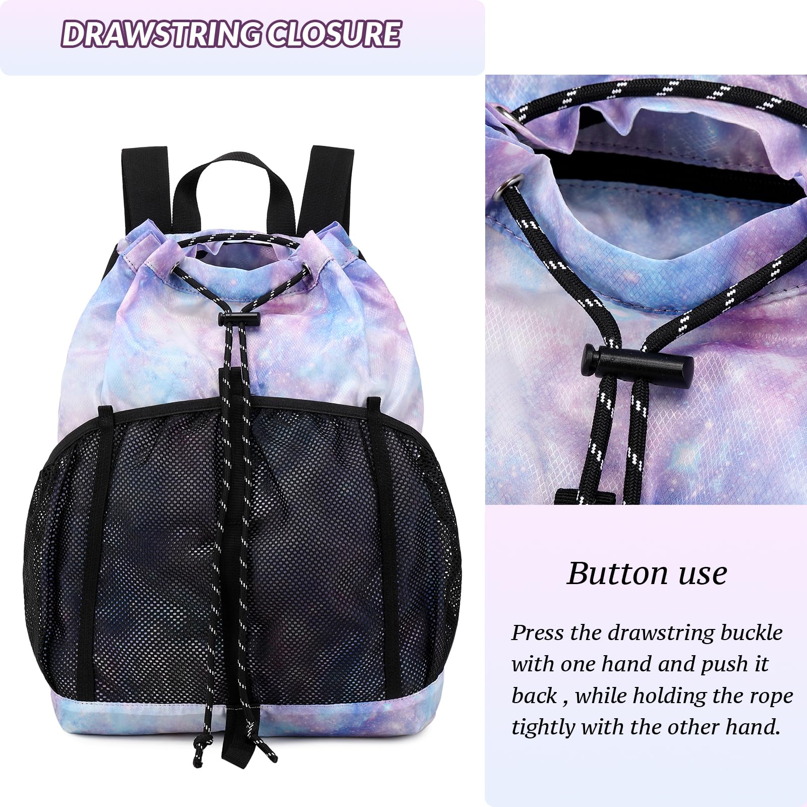 Lightweight Drawstring Backpack with Mesh Pockets - Water Resistant Sports Bag for Women & Men - Perfect for Gym, Beach, Swimming, Camping & Travel (Pink Galaxy)