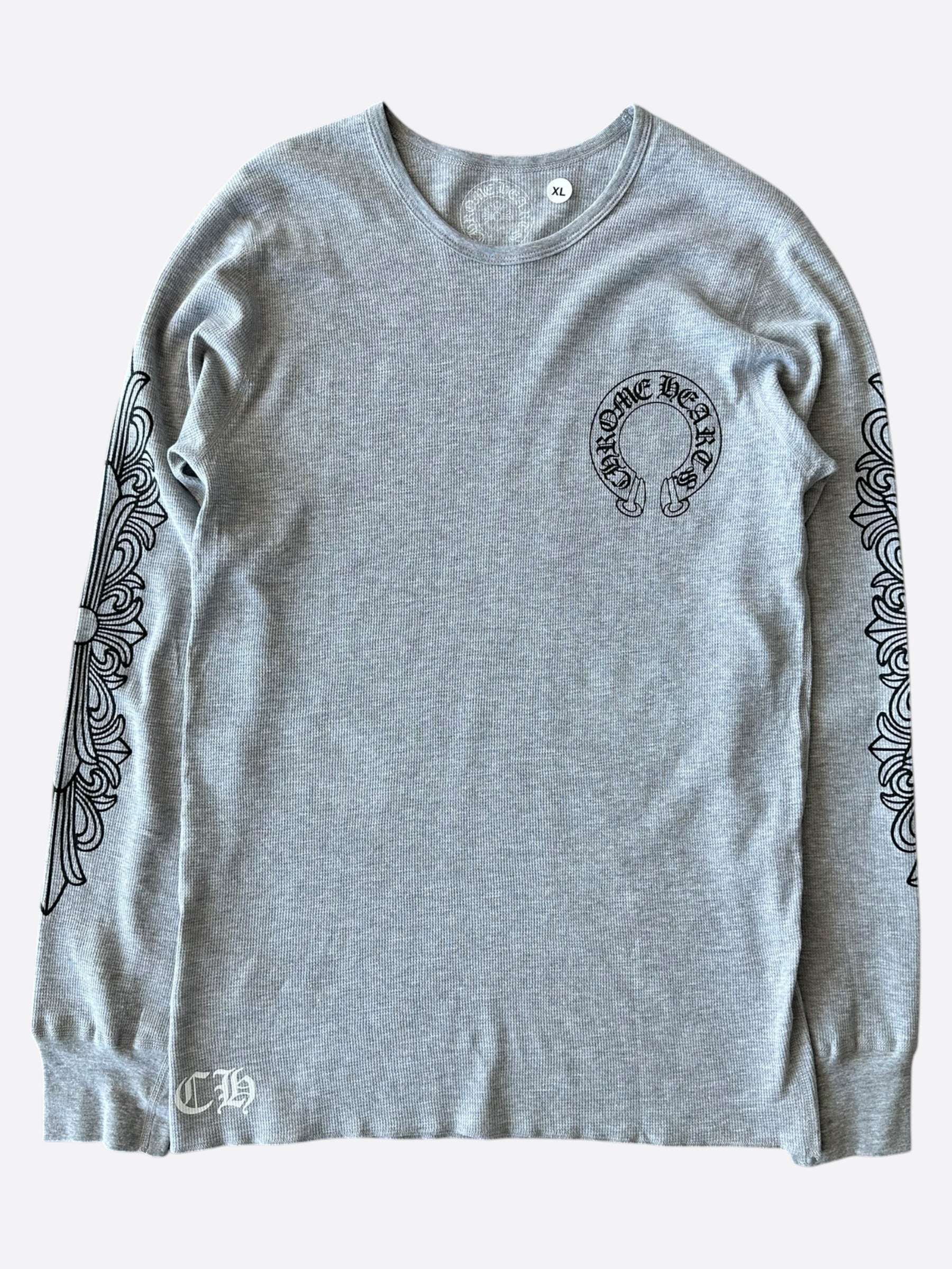 Chrome Hearts Grey & Black Horseshoe Logo Thermal Long Sleeve T-Shirt for Men - Stylish & Warm Winter Fashion for Casual Wear & Outfits
