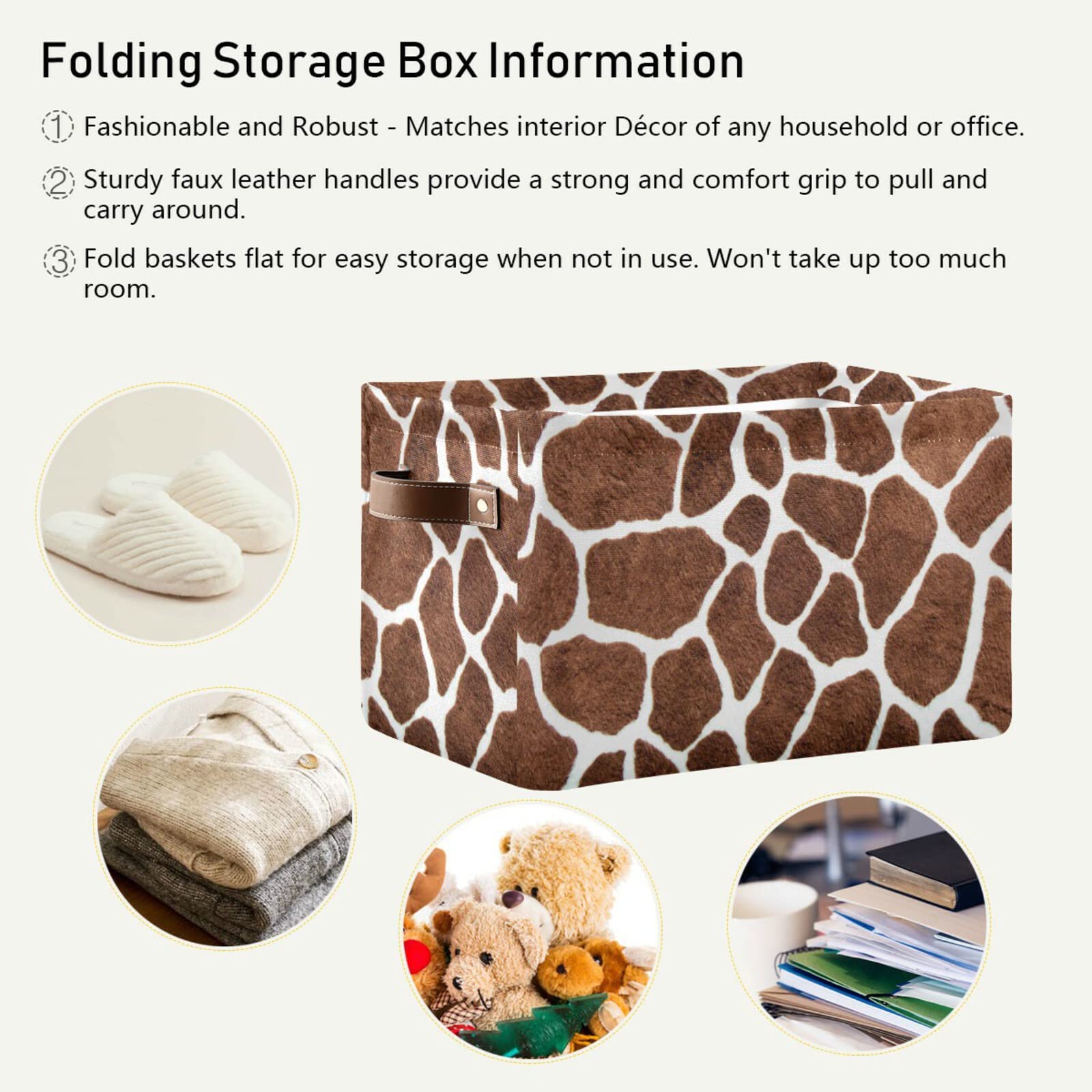Collapsible Rectangular Storage Basket with Leather Handles - Giraffe Print Fabric Organizer Bin for Home, School & Office | Perfect for Toys, Books, Blankets & Clutter Organization