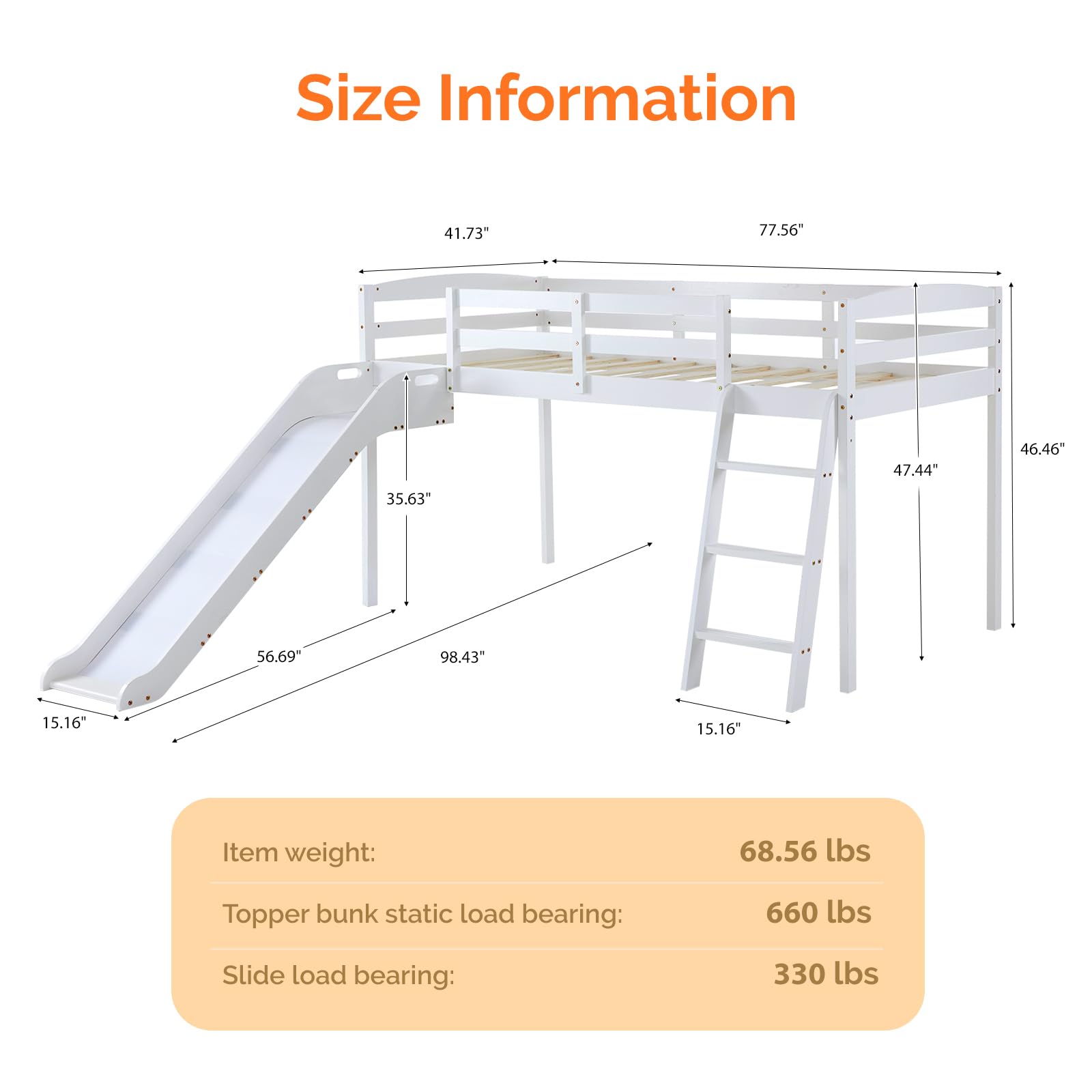 JOYMOR Twin Size Low Loft Bed with Curved Slide & Ladder - Solid Pine Wood Frame, 14