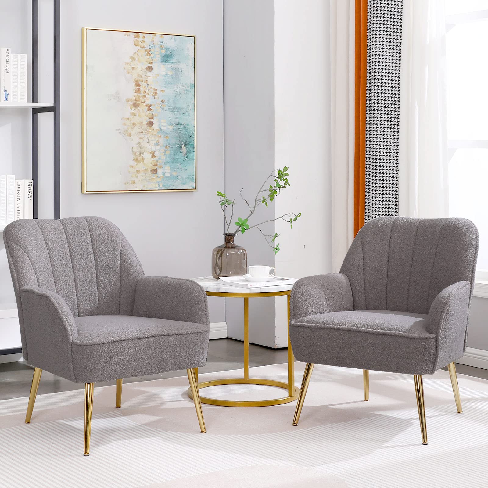 Modern Accent Chair Set of 2 - Plush Teddy Furry Upholstered Armchairs with Sherpa Fabric & Gold Metal Legs, Cozy Living Room Seating for Reading Nook, Bedroom or Home Office (Grey) - Perfect for Relaxing, Lounging & Enhancing Your Interior Decor