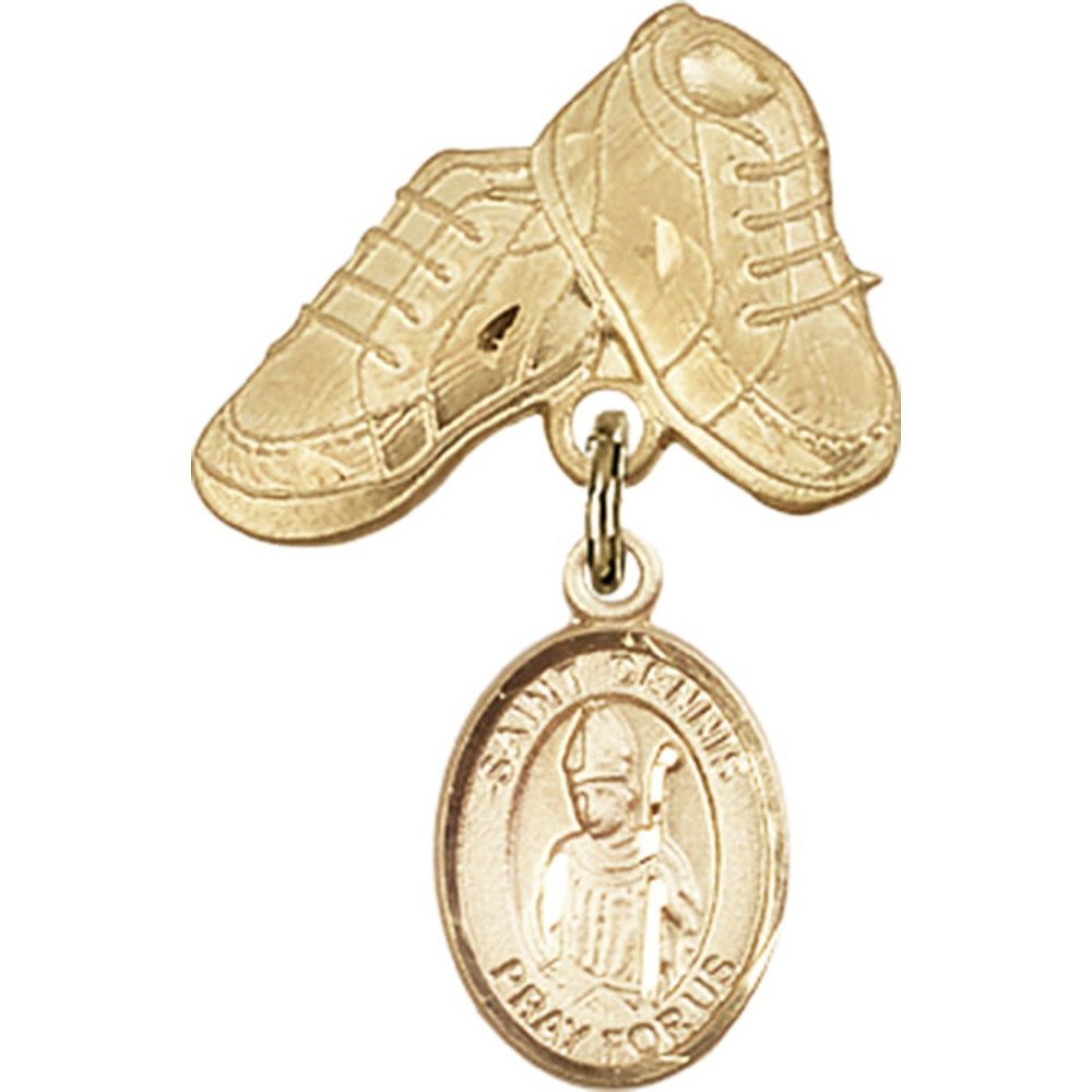 Gold Filled Baby Badge with St. Dennis Charm & Baby Boots Pin - 1 X 5/8 Inch - Perfect for Christening Gifts, Baby Showers & Keepsake Jewelry