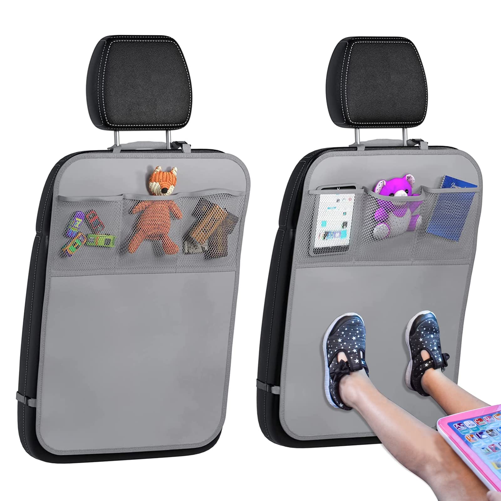 Lebogner 2-Pack X-Large Back Seat Cover for Kids with 3-Pocket Storage Organizer - Multifunctional Car Seat Protector for Vehicles, Prevents Dirt & Scuffs (Grey) - Perfect for Family Road Trips, School Runs & Pet Transport
