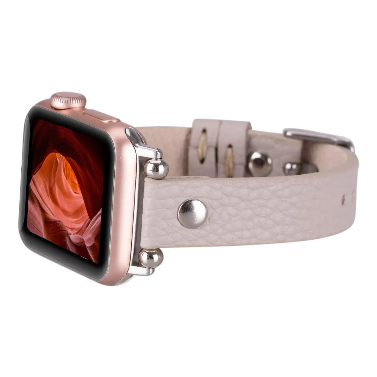 Slim Beige Leather Apple Watch Band with Silver Rivet - Stylish & Comfortable Replacement Strap for Work, Gym & Everyday Wear