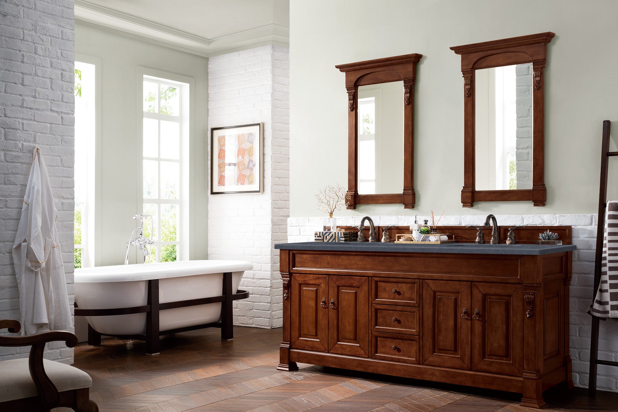 Brookfield 72-Inch Double Bathroom Vanity with Warm Cherry Finish & 3CM Charcoal Soapstone Quartz Countertop - Perfect for Master Bathroom Remodeling and Luxury Home Upgrade