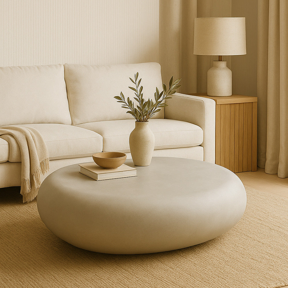 ROCCO White Concrete Pebble Coffee Table 106cm - Indoor & Outdoor Modern Side Table for Living Room, Patio, Garden Decor