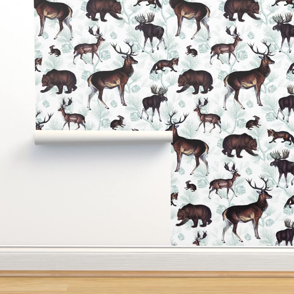 Peel & Stick Wallpaper 9ft x 2ft - Wildlife White Aspen Forest with Deer & Bear | Custom Removable Self-Adhesive Wallpaper for Nursery, Bedroom & Home Decor | Easy DIY Wall Covering by Spoonflower