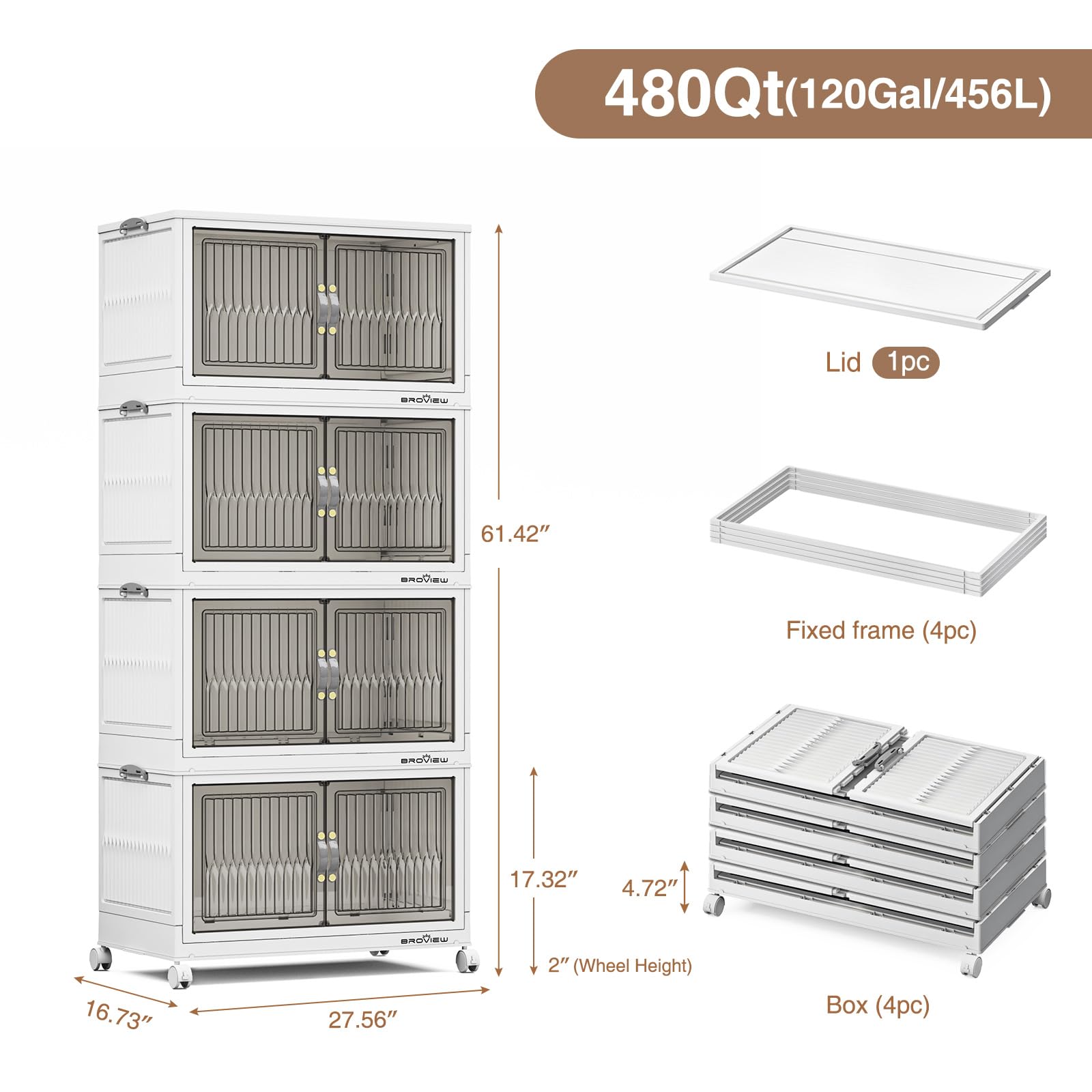 120 Qt Stackable Storage Bins with Lids - 4 Pack White Collapsible Storage Boxes with Wheels | Plastic Closet Organizer, Clothes Storage Cabinet & Drawer Containers for Home, Office & Garage Organization