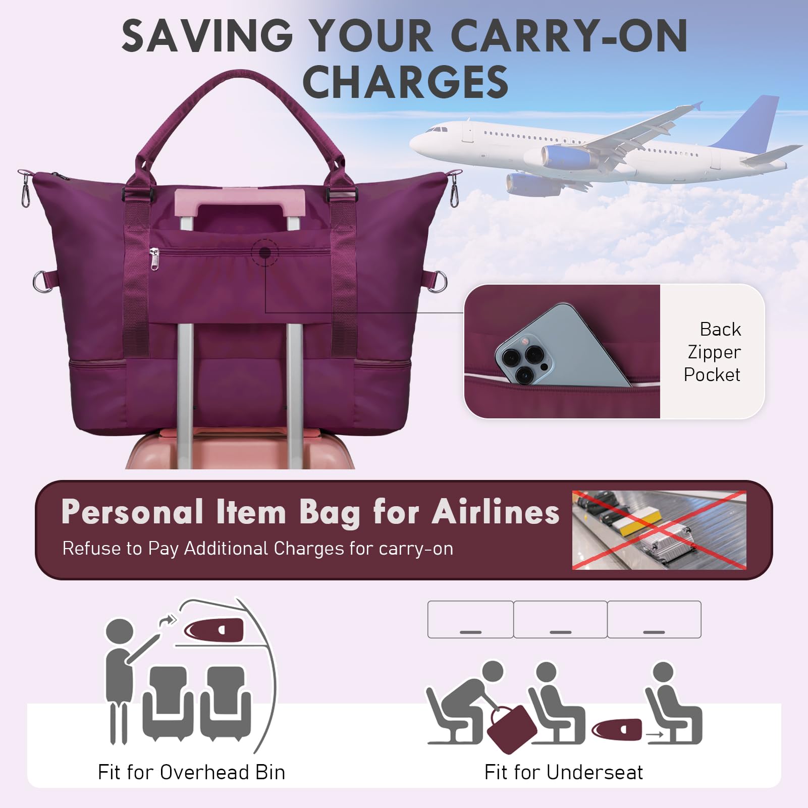 WOOMADA Women's Weekender Travel Bag with Shoe Compartment & Toiletry Pouch - Perfect Carry On Duffle for Overnight Trips, Hospital Labor Delivery & Maternity Use (Mulberry Purple)