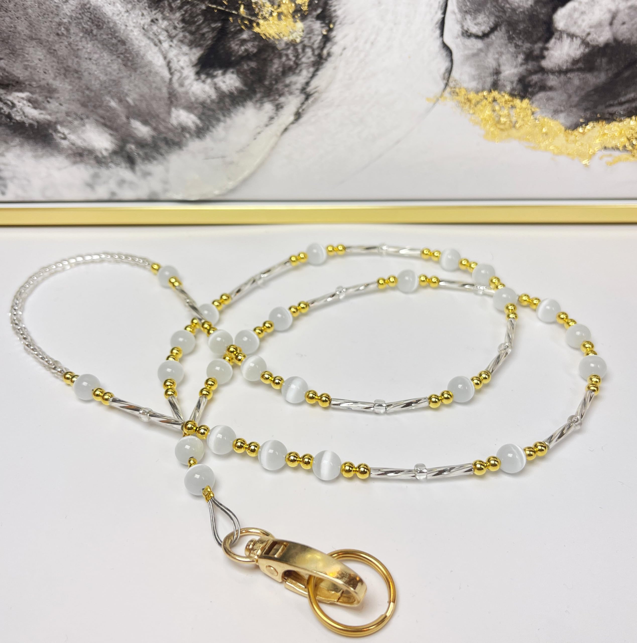 Stylish Women's Gold & White Beaded Lanyard for ID Badges, Cards, Keys & Phone - Perfect for Teachers, Nurses, Cruises & Office Use