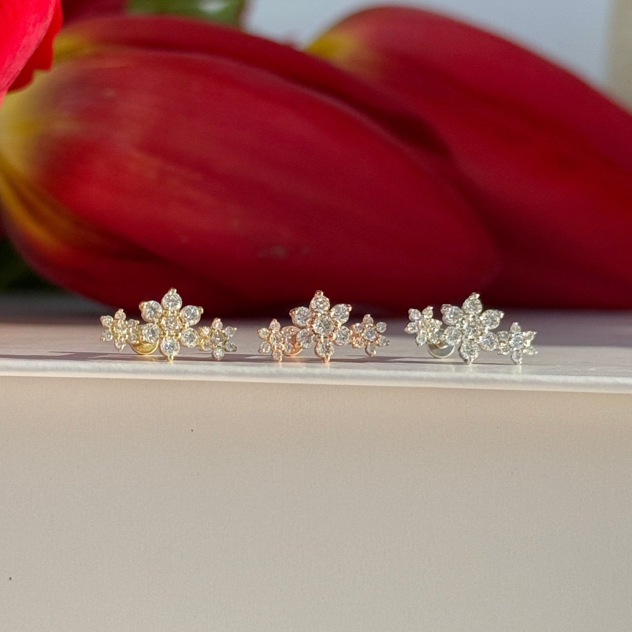 14K White Gold Diamond Three Flower Garland Flat Back Stud Earrings - Elegant Bridal Jewelry for Weddings & Special Occasions