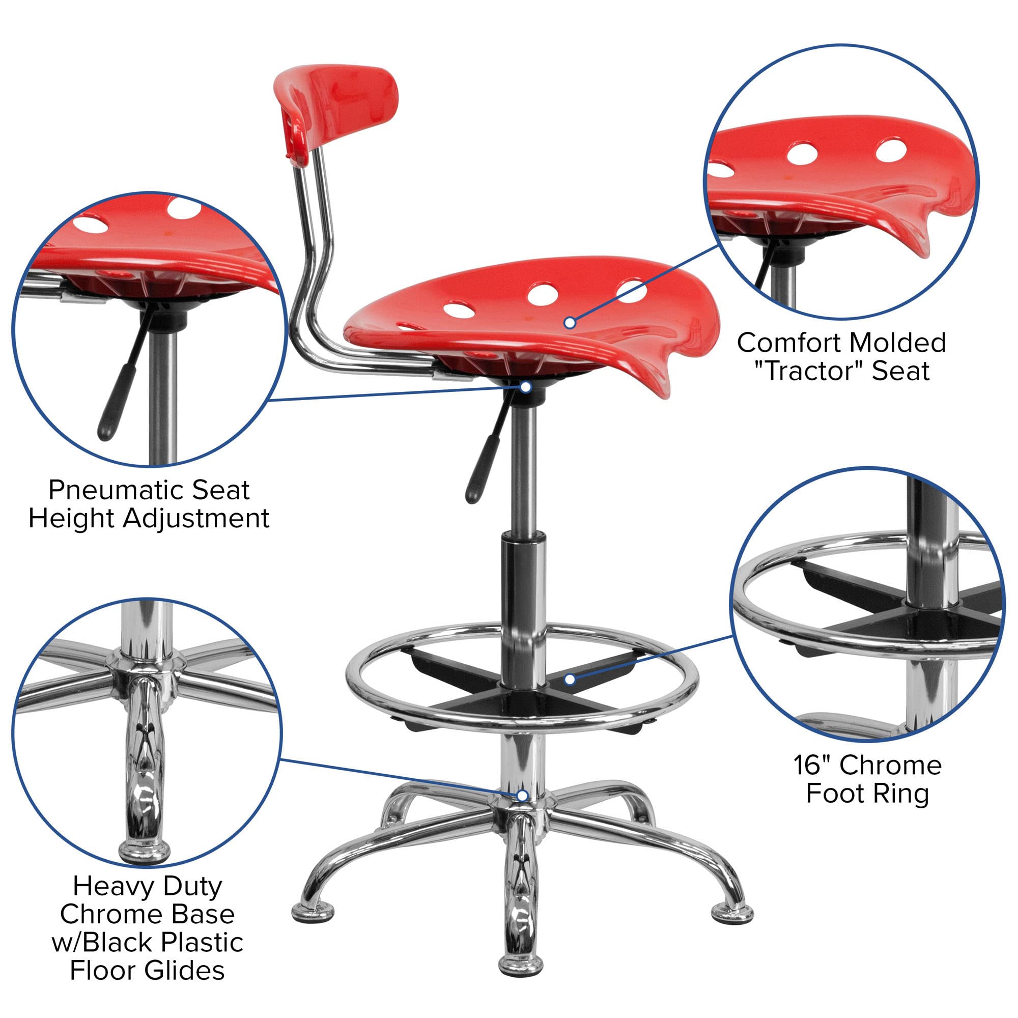 Offex Rustic Industrial Farmhouse Adjustable Barstool - Chrome Drafting Tractor Seat Stool in Vibrant Cherry Red | Perfect for Kitchen Islands, Home Bars & Cafe Counter Seating