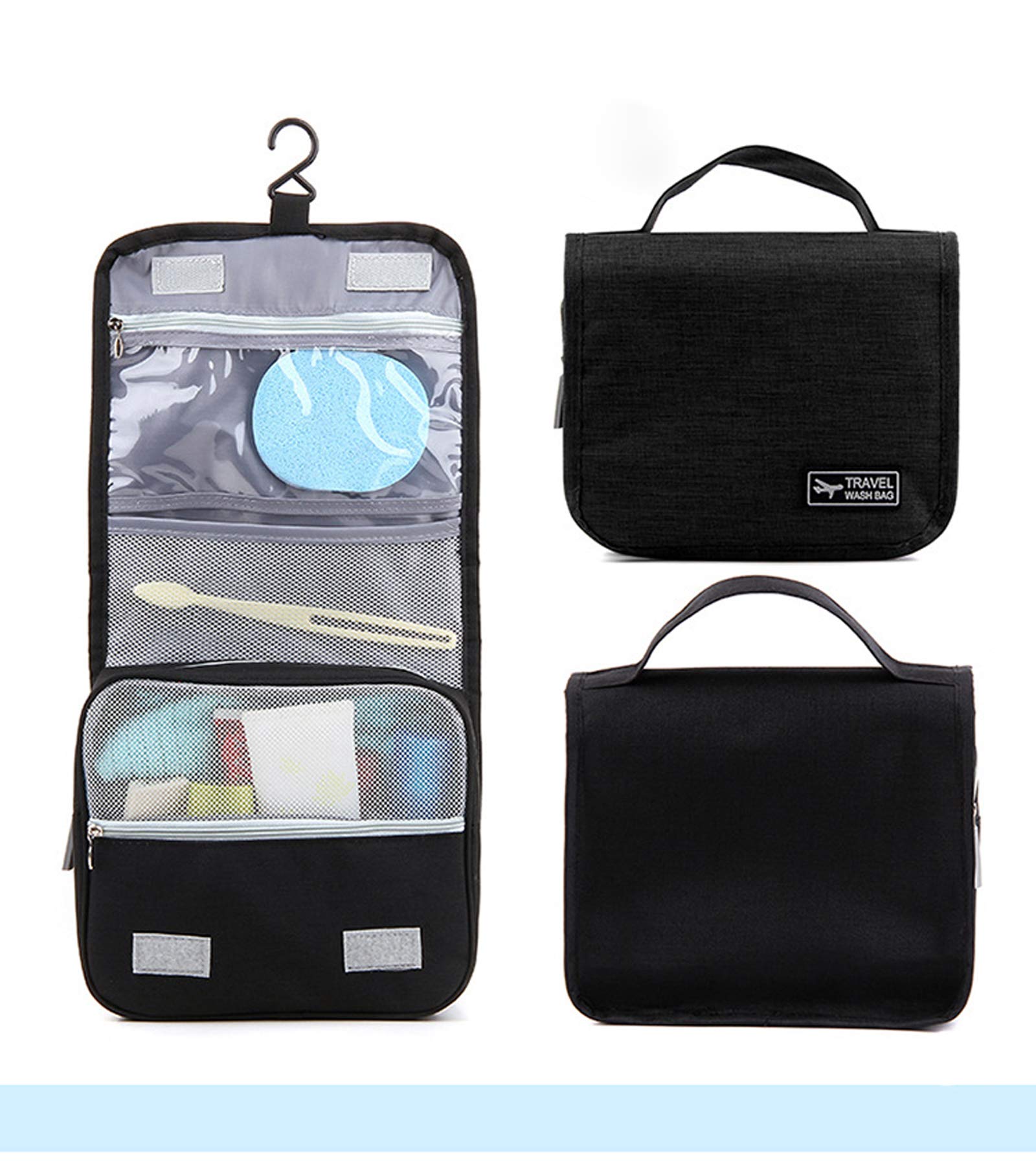 Waterproof Hanging Cosmetic & Toiletry Travel Bag for Women & Men - Portable Makeup Pouch with Hook for Shower, Gym, Camping & Airplane Carry-on (Black)