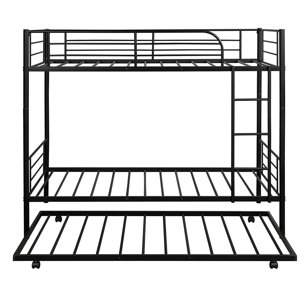 Metal Twin-Over-Twin Bunk Bed with Trundle - Convertible to 2 Separate Beds, No Box Spring Required (Black) | Space-Saving Kids Bedroom Furniture for Small Rooms, Dormitories & Guest Rooms