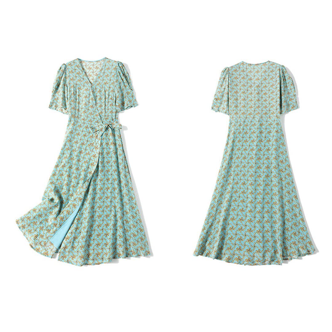 Women's Green Real Silk Summer Dress - Floral Printed Short Sleeve V-Neck Spring Dress | Perfect for Beach Vacations, Garden Parties & Date Nights