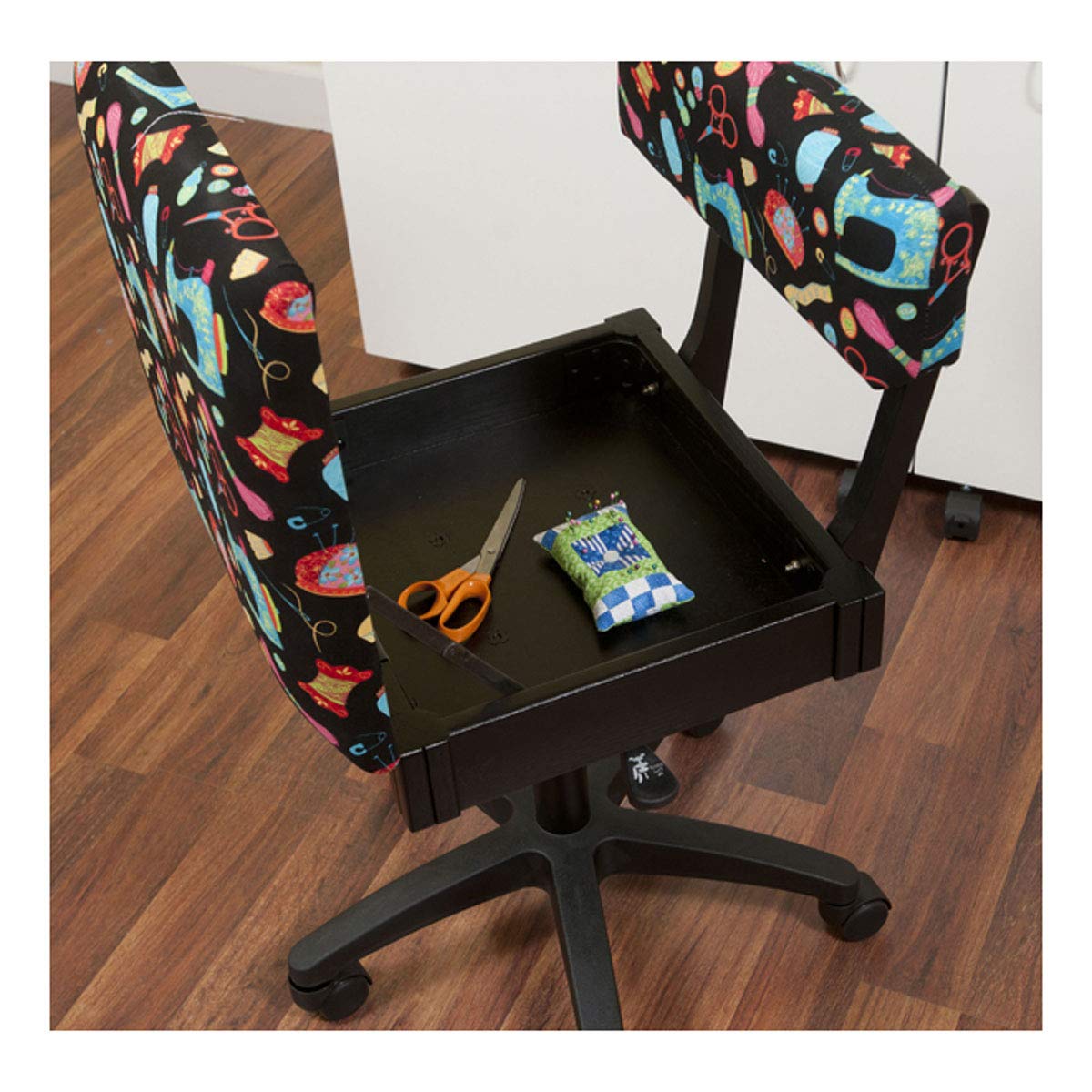 Arrow Cabinets H7013B Hydraulic Sewing Chair with Storage for Sewing Notions - Adjustable Height Craft Chair for Quilting, Tailoring & DIY Projects (Black)