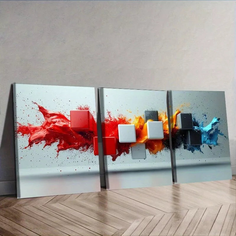 3-Piece Black and White Cubes Color Splash Wall Art Set - Framed Canvas 40x60cm (16x24in) - High Quality Print - 100% Australian Made - Ready to Hang - Perfect for Living Room, Bedroom or Office Decor